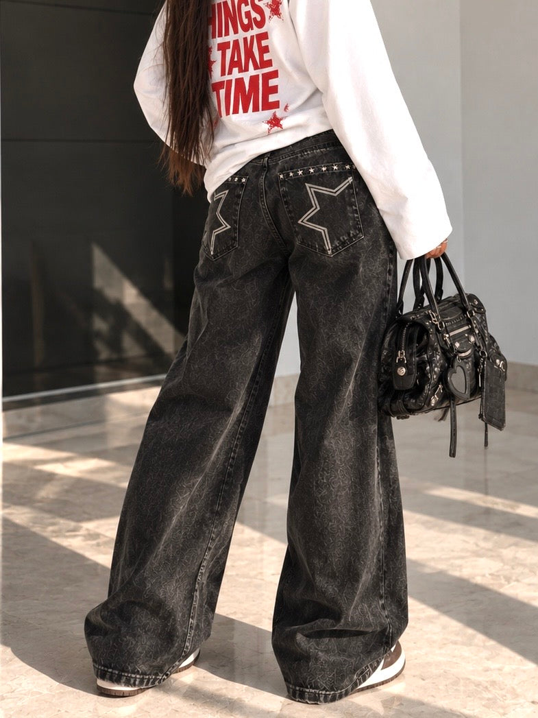 Jeans Barrel Black Washed Star Pockets - R.a. Boutique