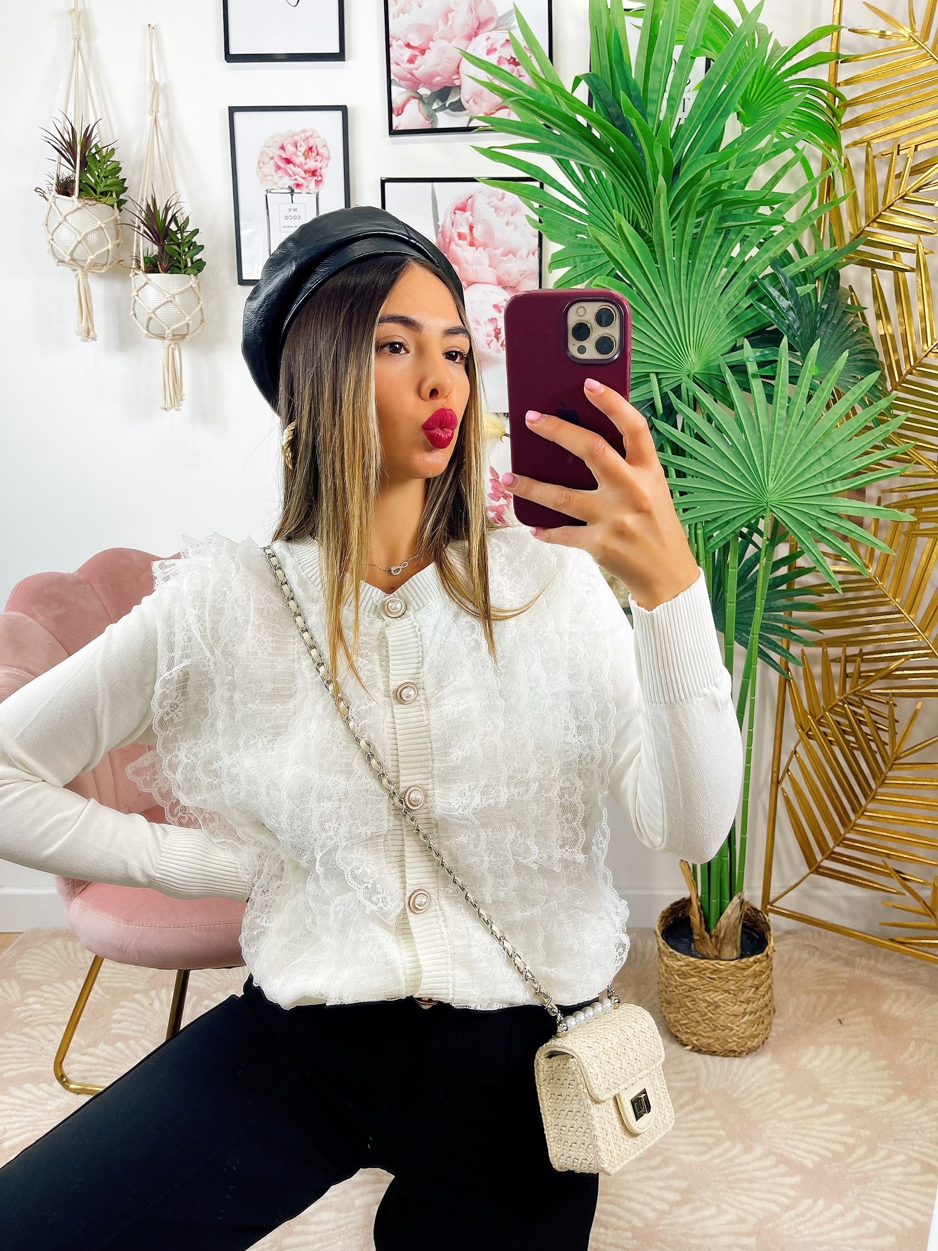 Sweater with jewel buttons and white lace - Main Image