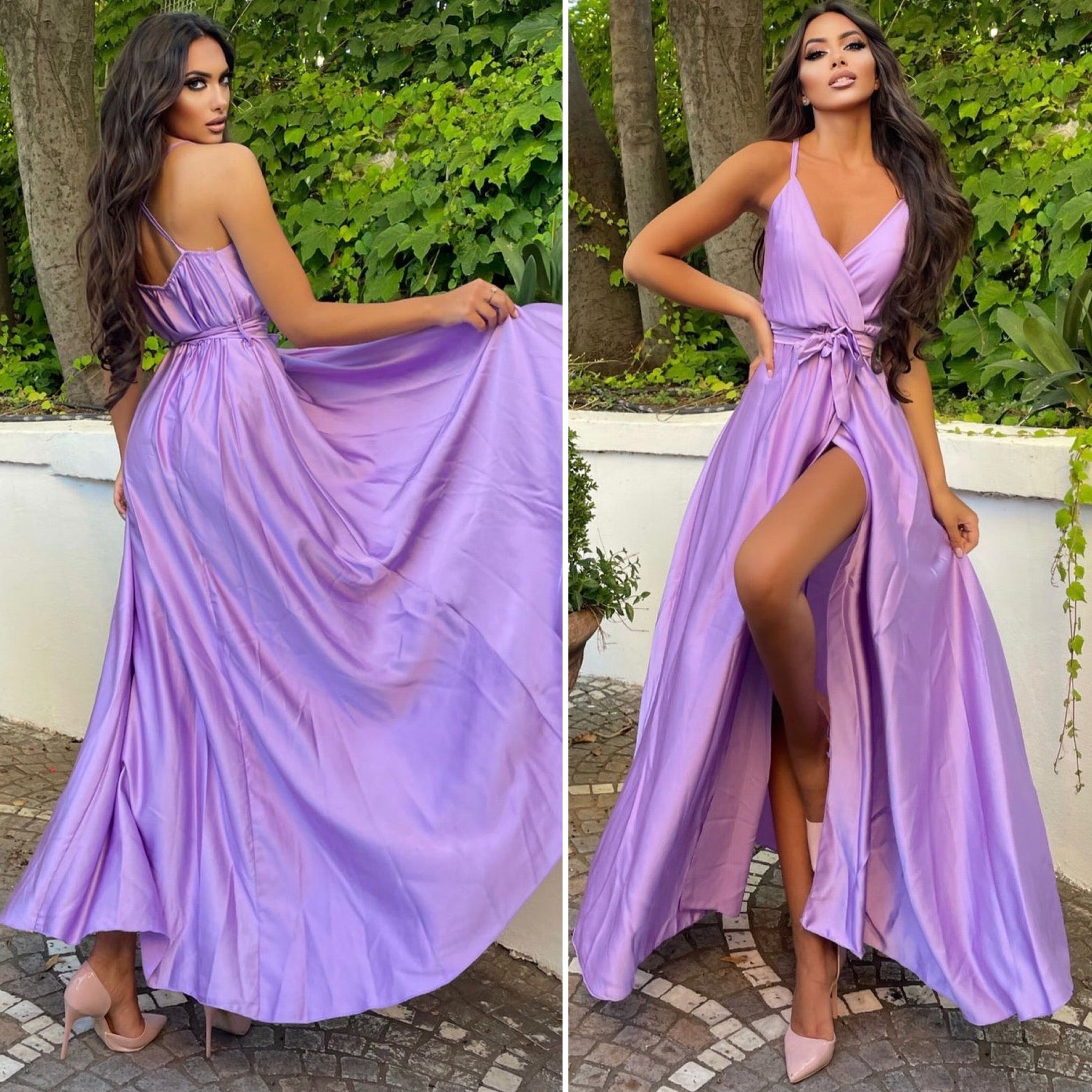 Abito in raso con maxi spacco lilla