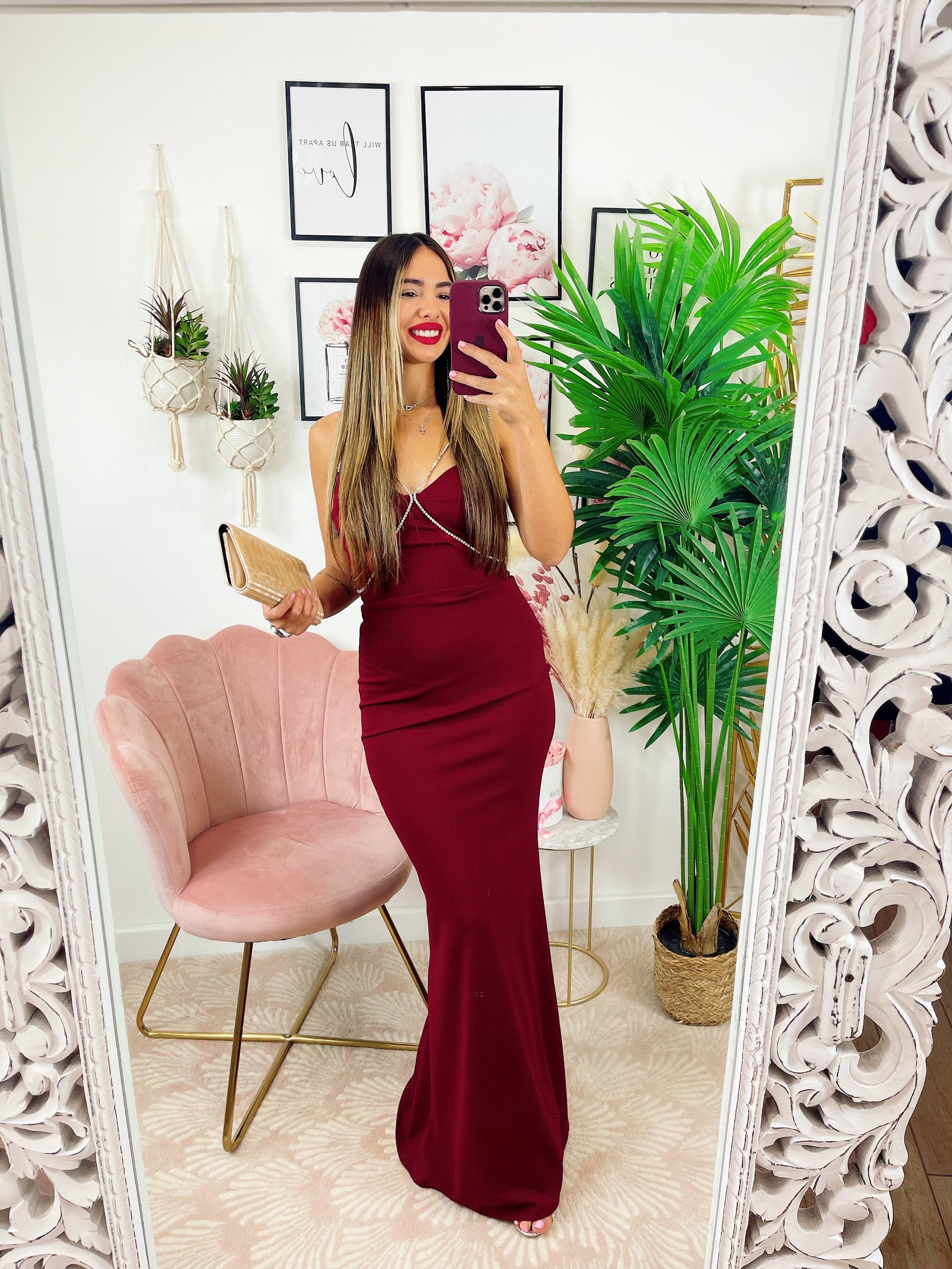 Long dress with Bordeaux rhinestone detail
