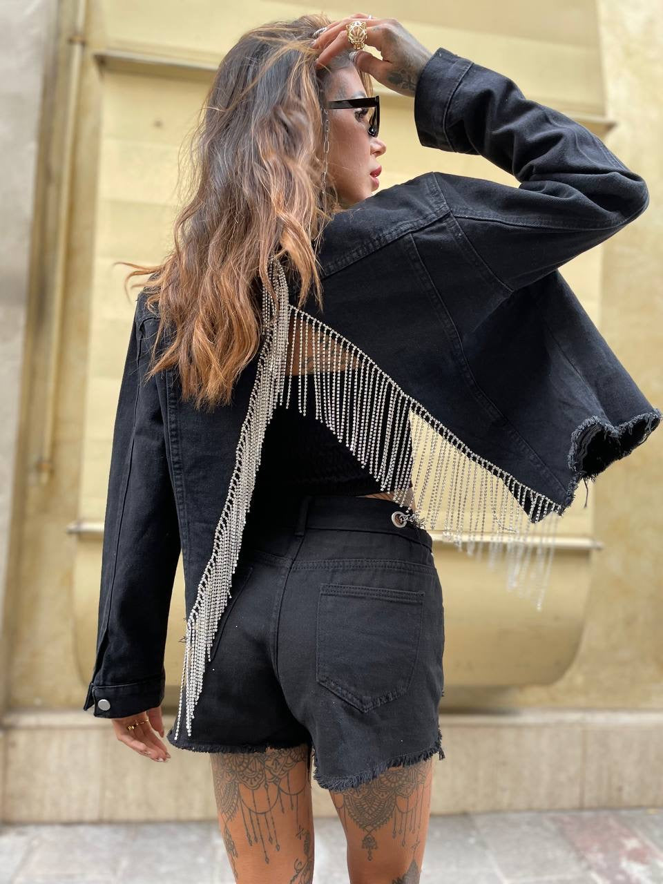 Black denim jacket with fringes - Main Image