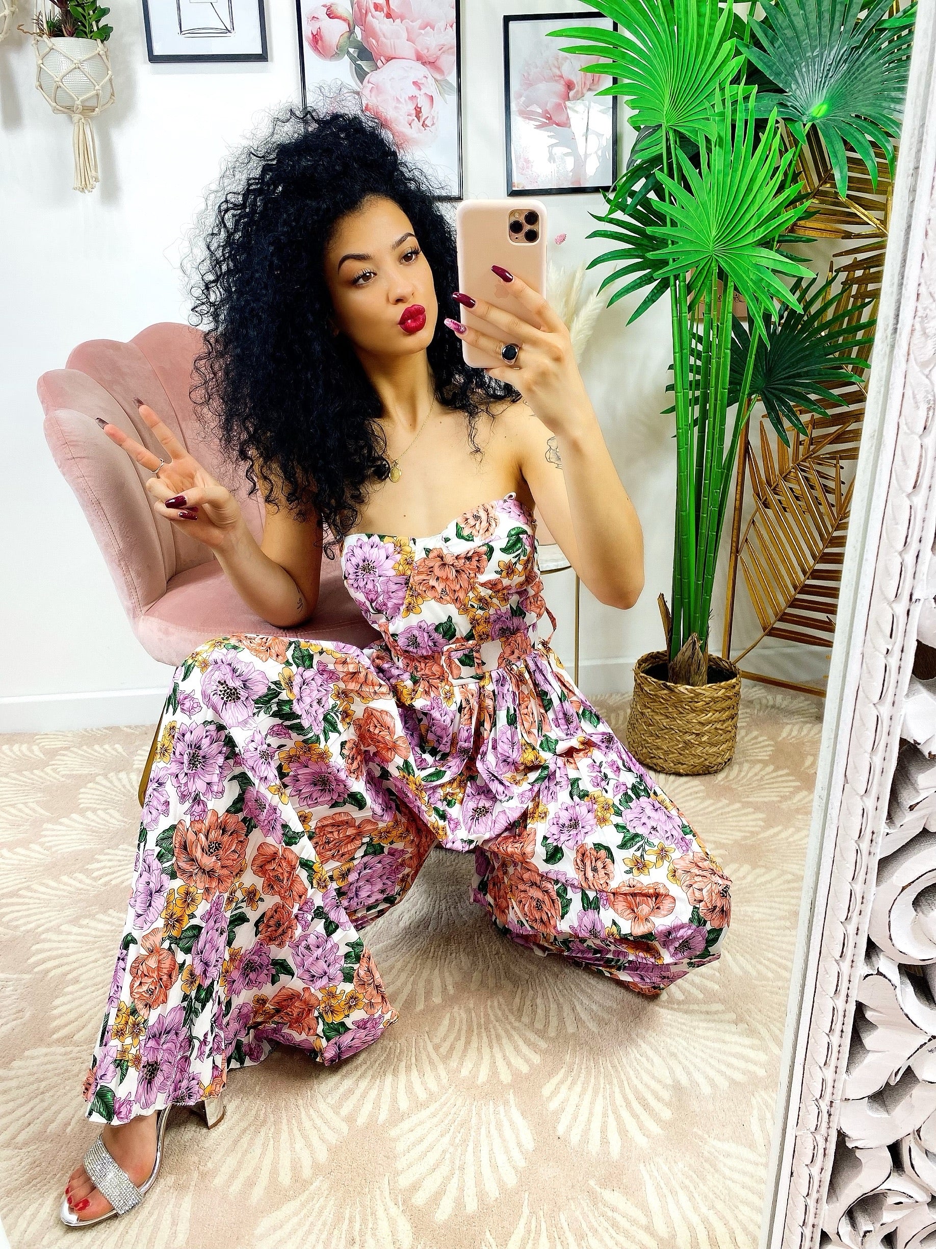 Pantaloni Tuta Fiori Jumpsuit With Lilac Flower Pleated Trousers