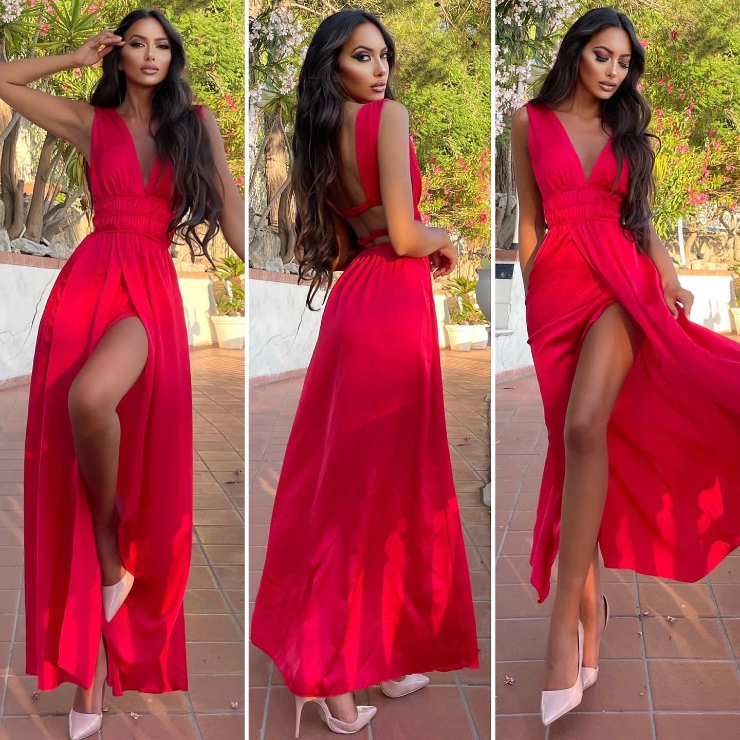 Open back long red dress