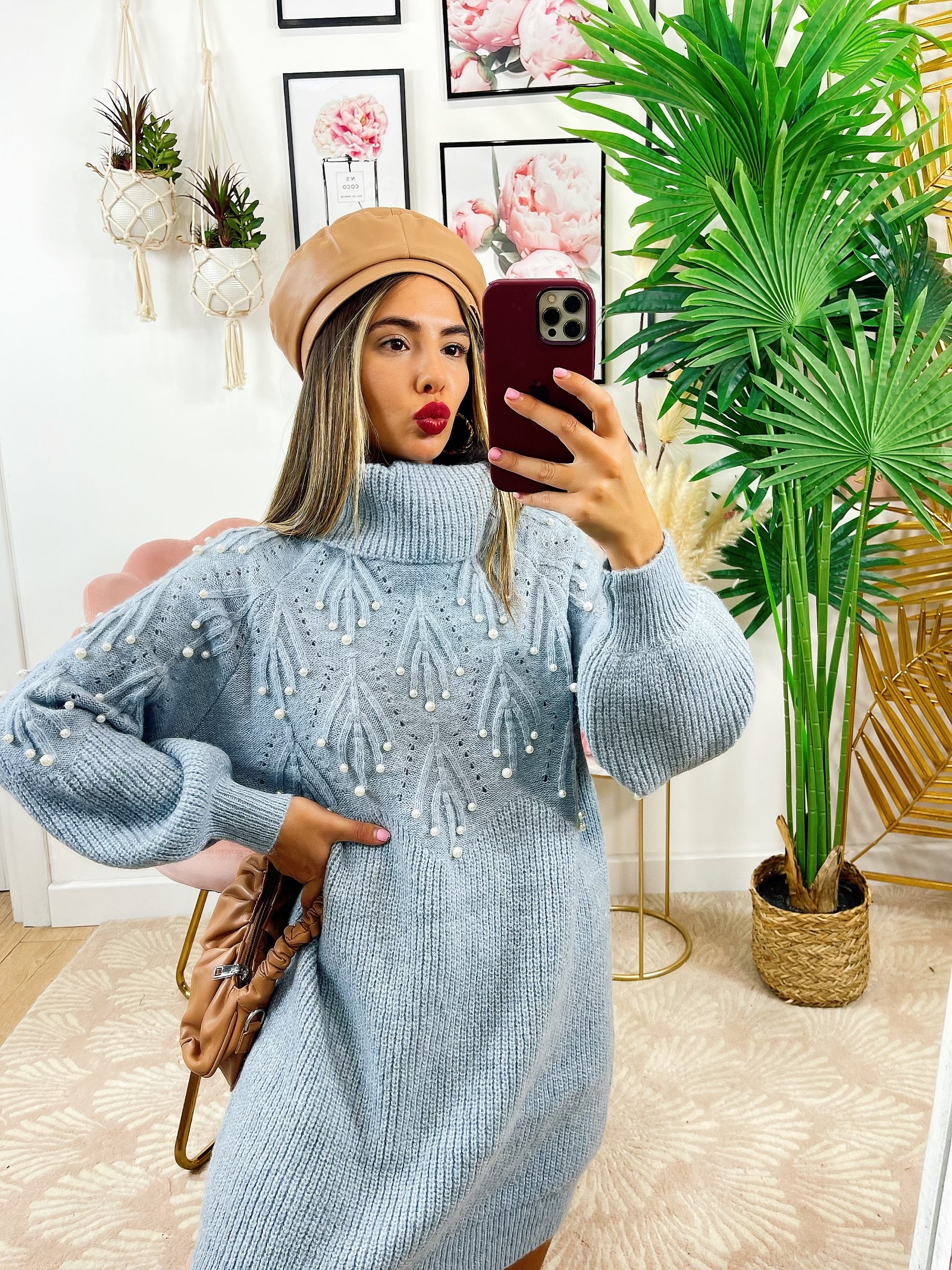 Maxi turtleneck sweater with pearls Sugar paper - Main Image