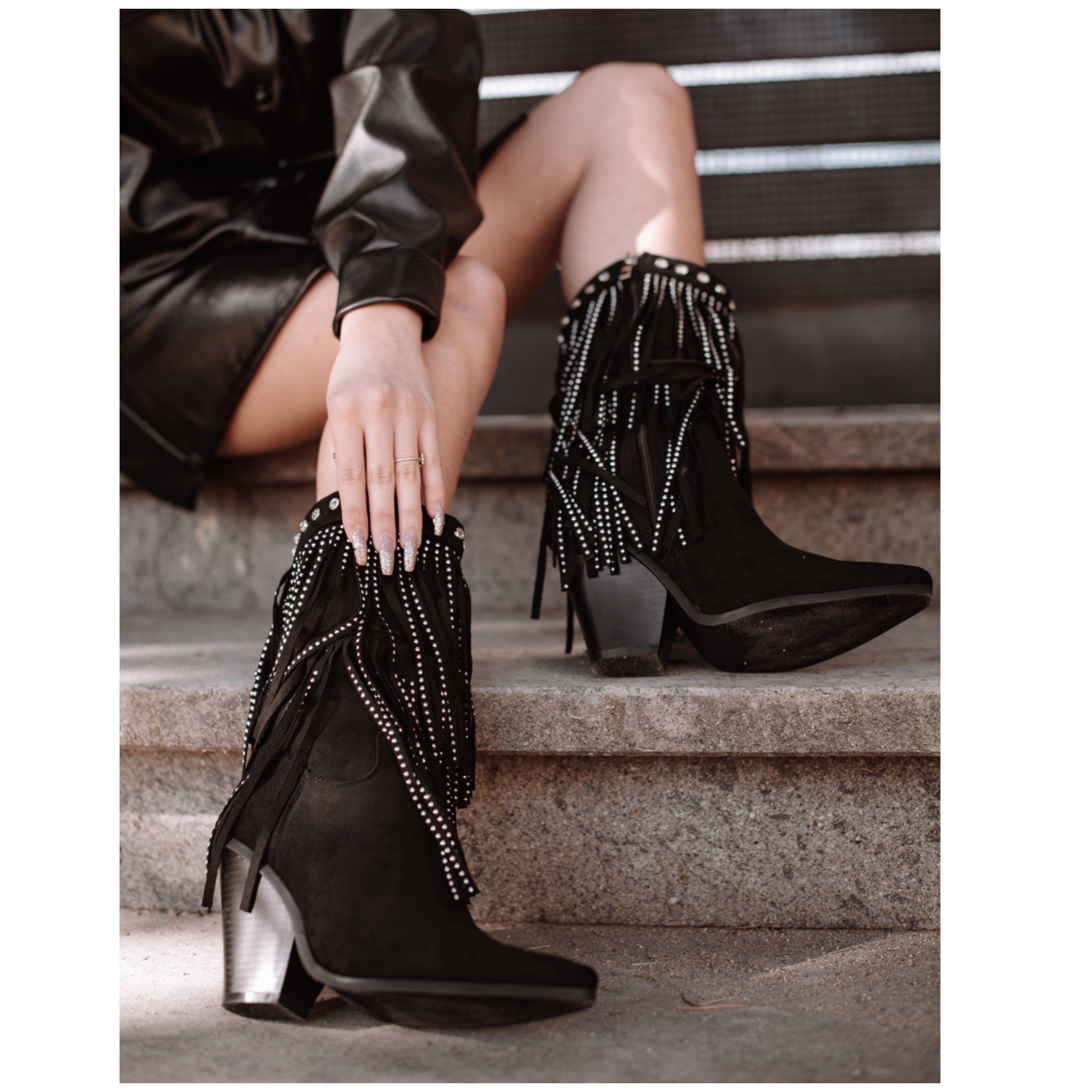 Stivale texano con frange strass argento - Main Image