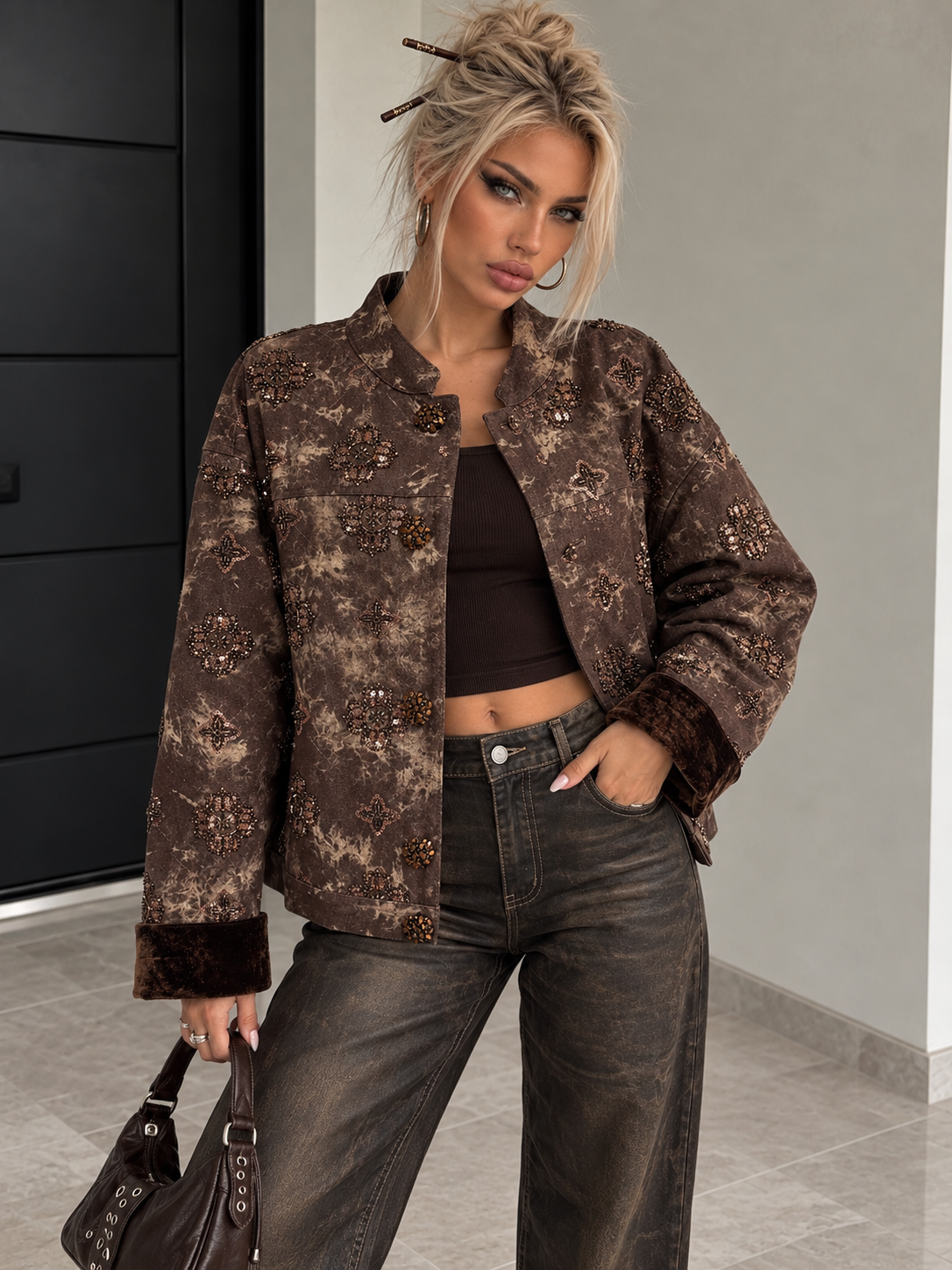 Giacca Vintage Jewel Marrone con Ricami Gioiello - R.a. Boutique