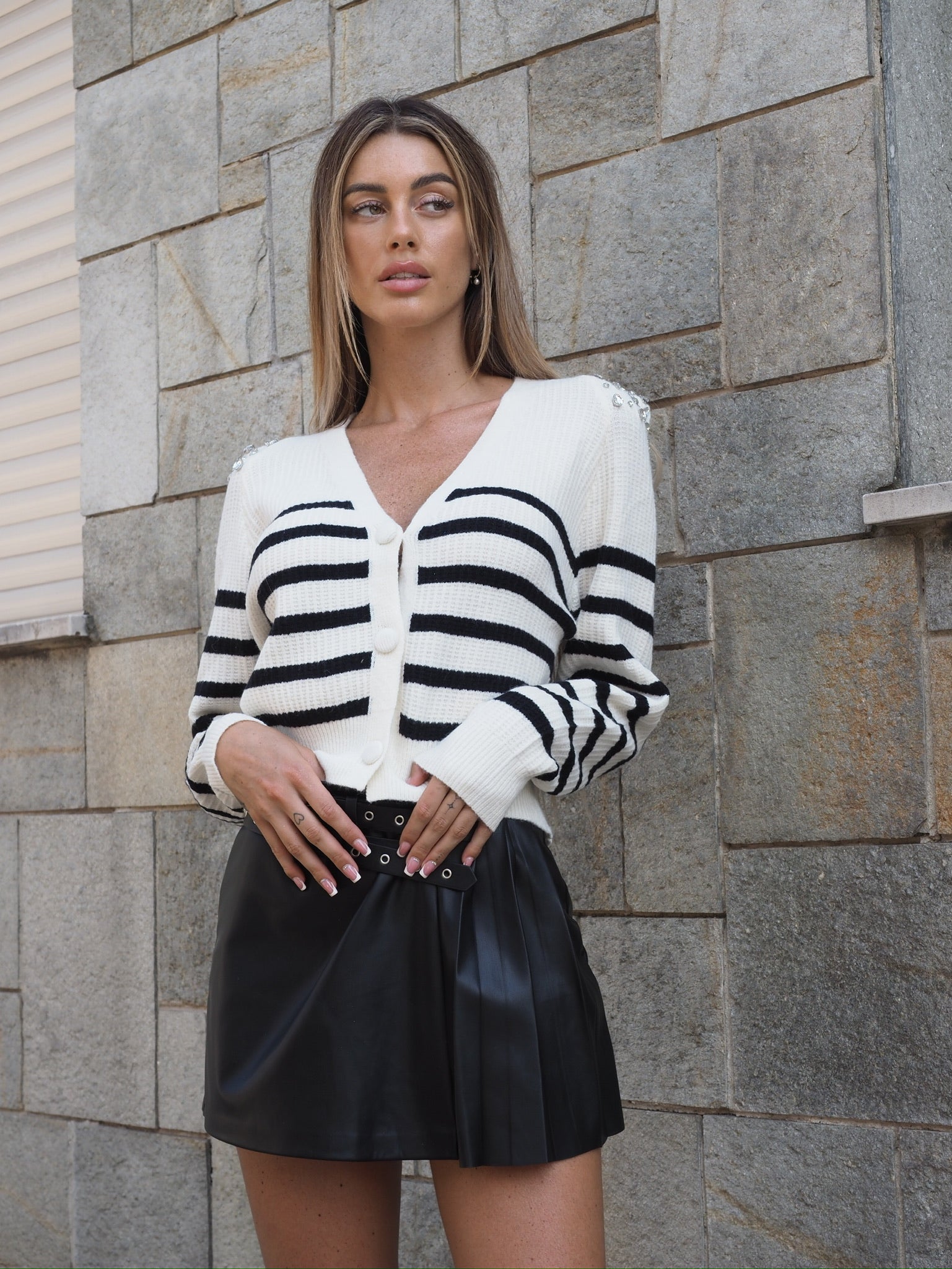 Maglione a righe spalline in strass - R.a. Boutique 