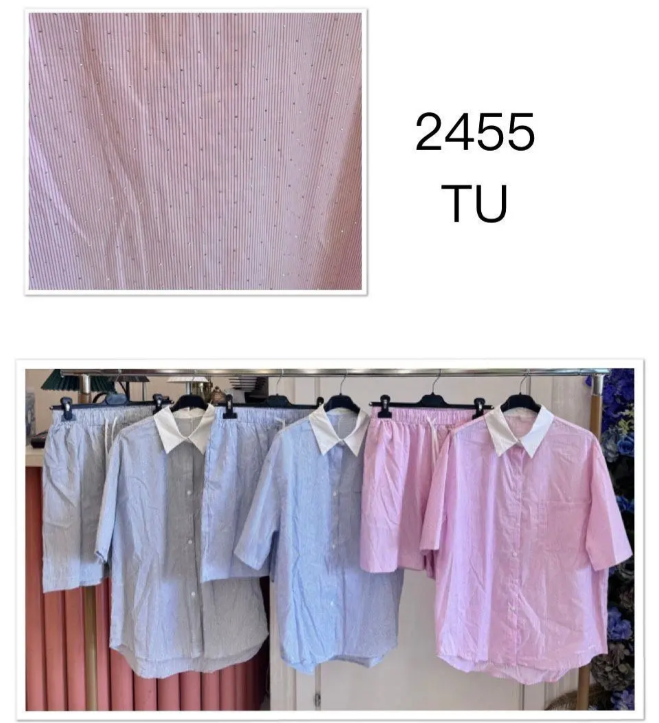 Completo camicia e short con strass celeste - R.a. Boutique