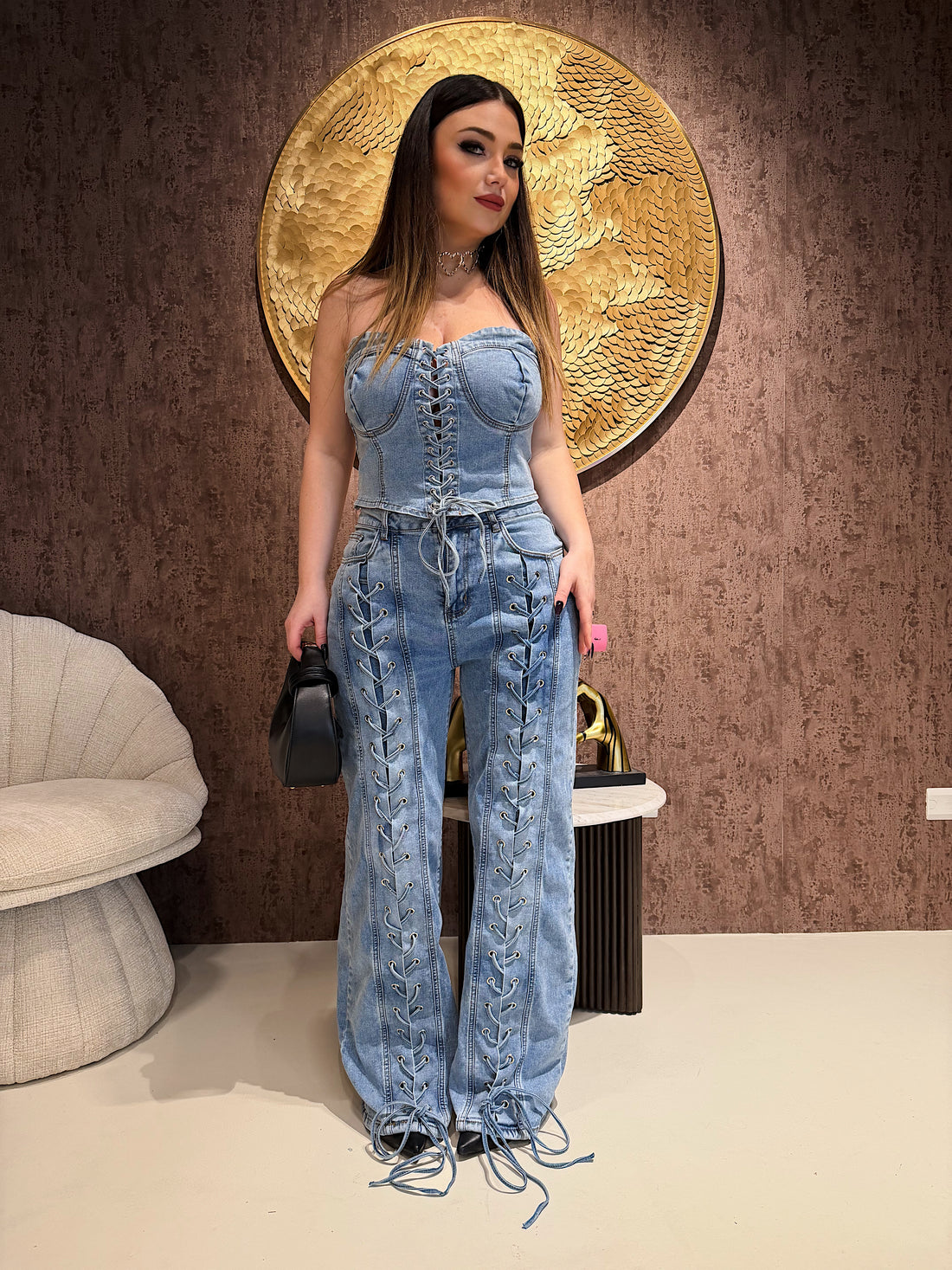 Completo Denim Lace Icon – Corsetto & Jeans Wide Leg