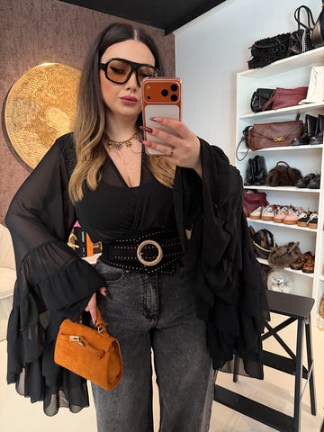 Blusa Nera Elegante con Maniche a Rouches - R.a. Boutique