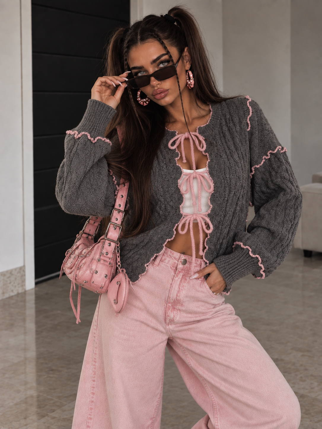 Cardigan a Trecce con Profili a Contrasto Grigio Rosa - R.a. Boutique