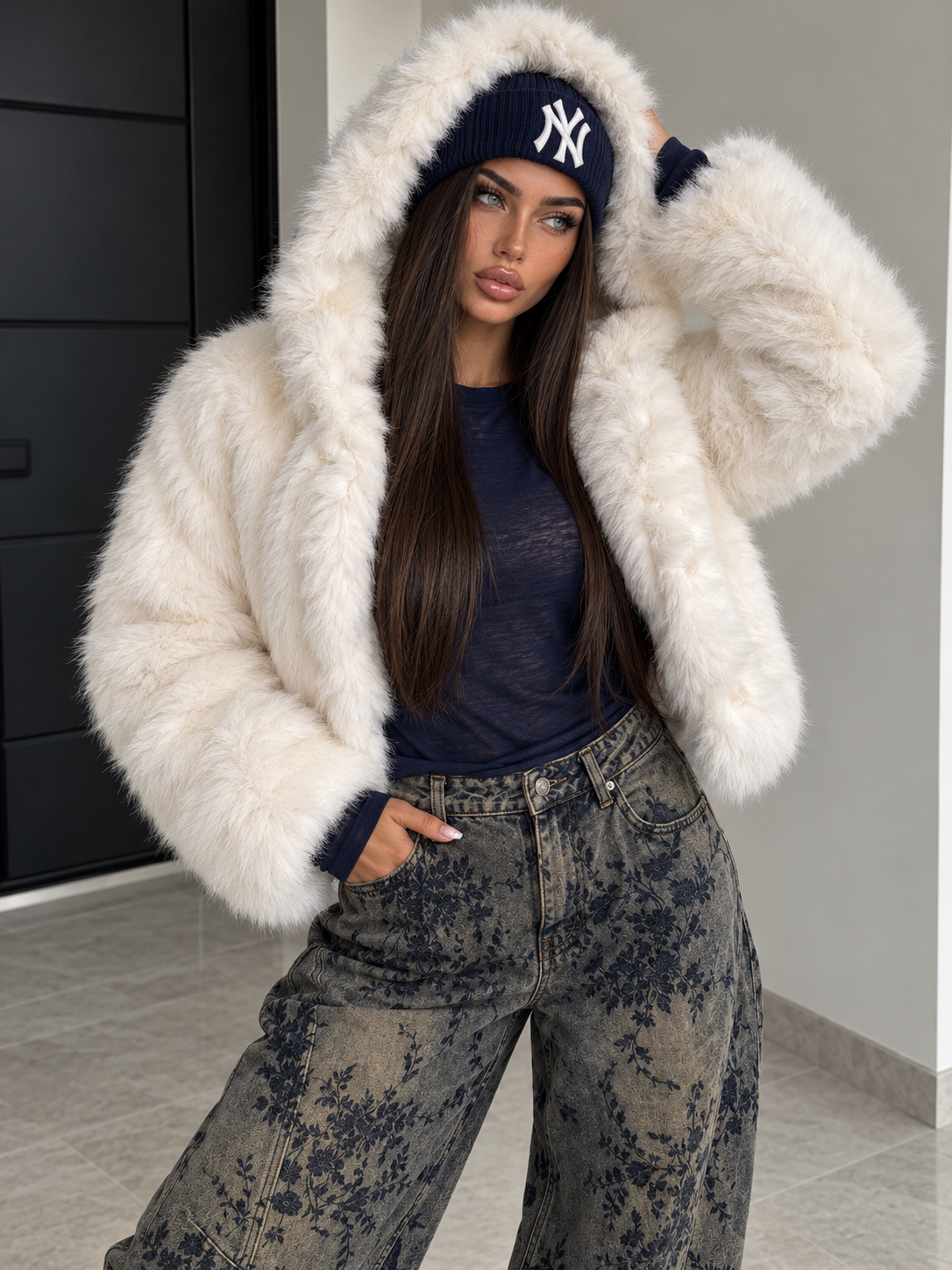 Giacca Corta Effetto Pelliccia Bianca con Cappuccio - R.a. Boutique