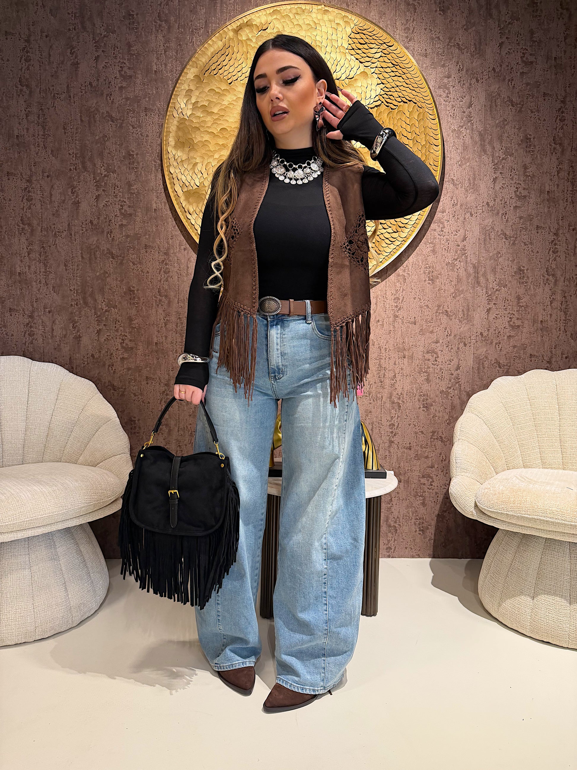 Gilet Boho in Suede con Frange e Crochet - R.a. Boutique