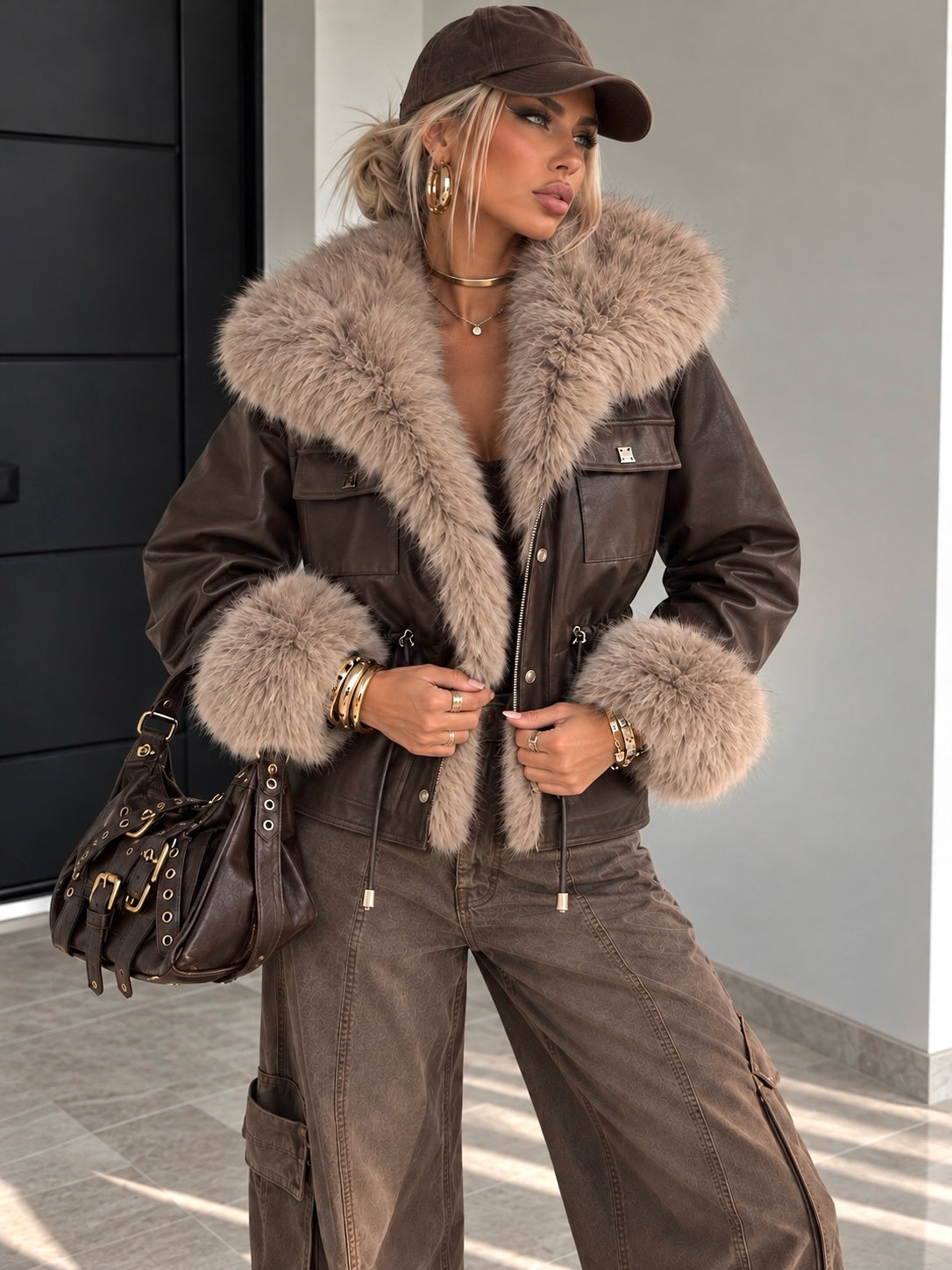 Giacca Marrone Effetto Pelle con Maxi Collo e Polsini in Pelliccia - R.a. Boutique