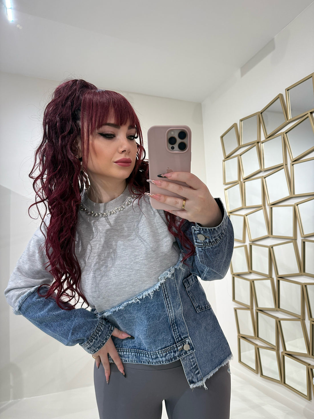 Felpa in jeans con strass - R.a. Boutique