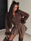 Cardigan con Zip e Polsini Effetto Piume - Caffè - R.a. Boutique