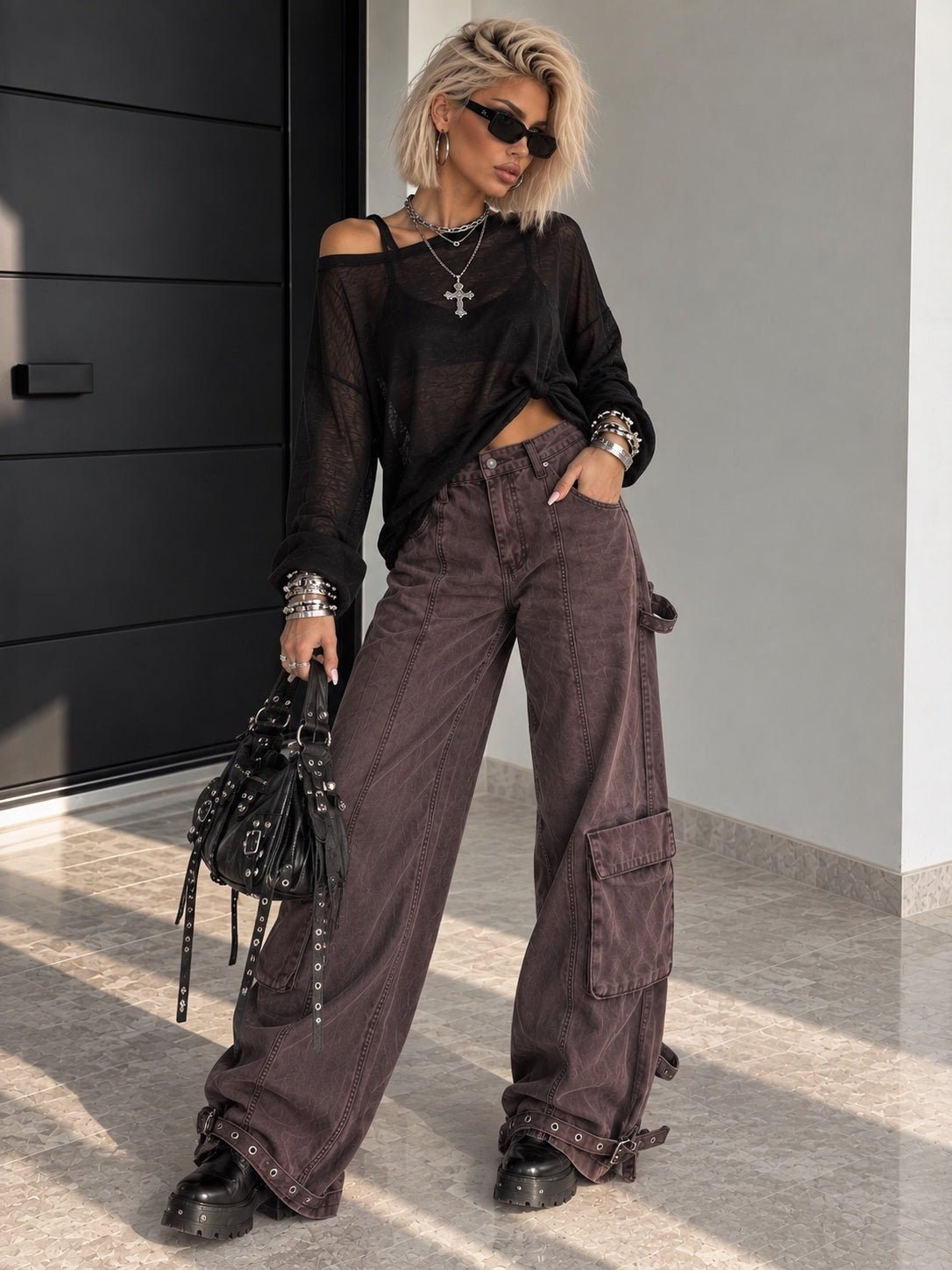 Pantalone Cargo Wine Wide Leg con Tasche - R.a. Boutique