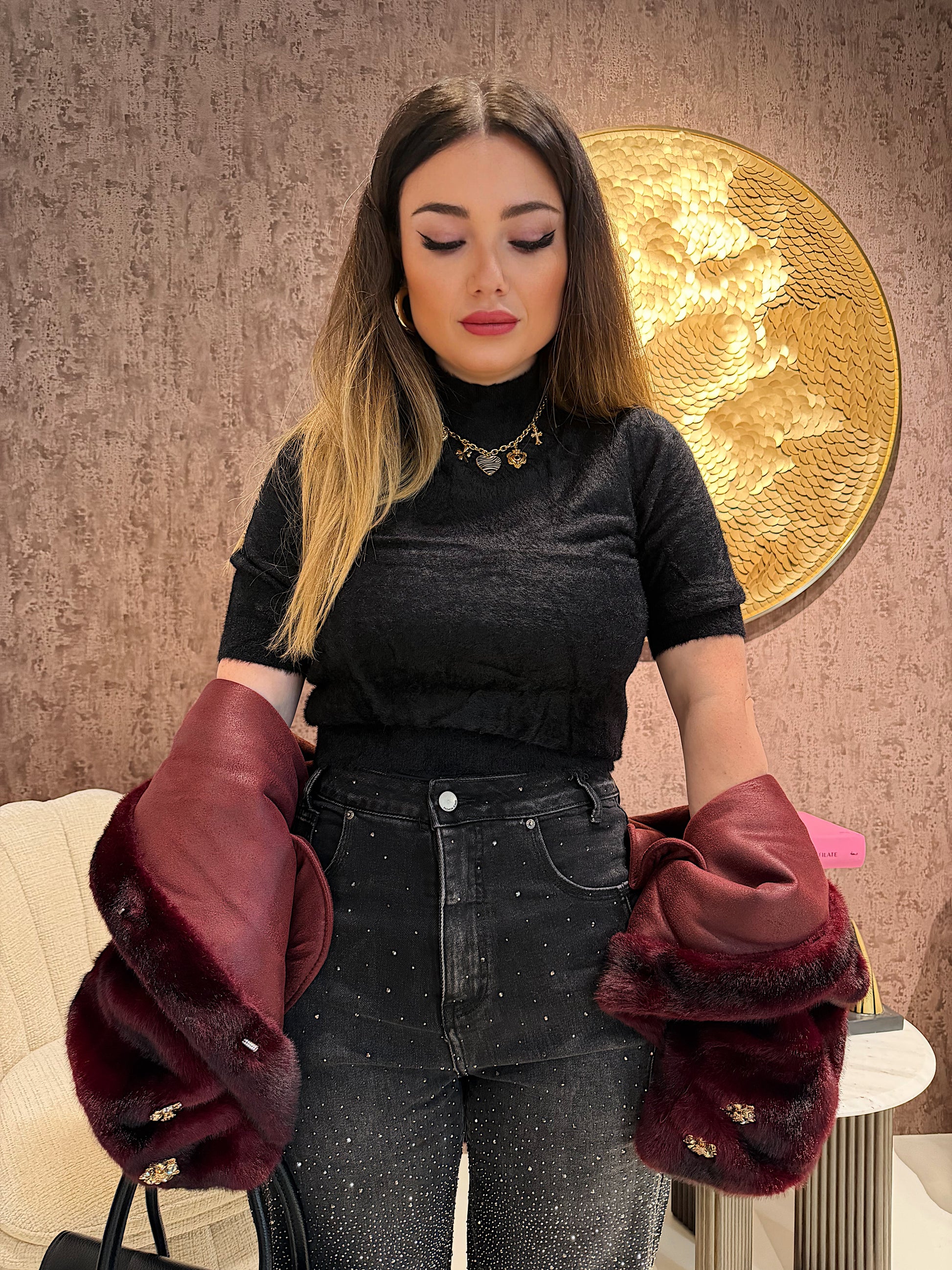 Giacca Pelliccia Elegance bordeaux e marrone - R.a. Boutique