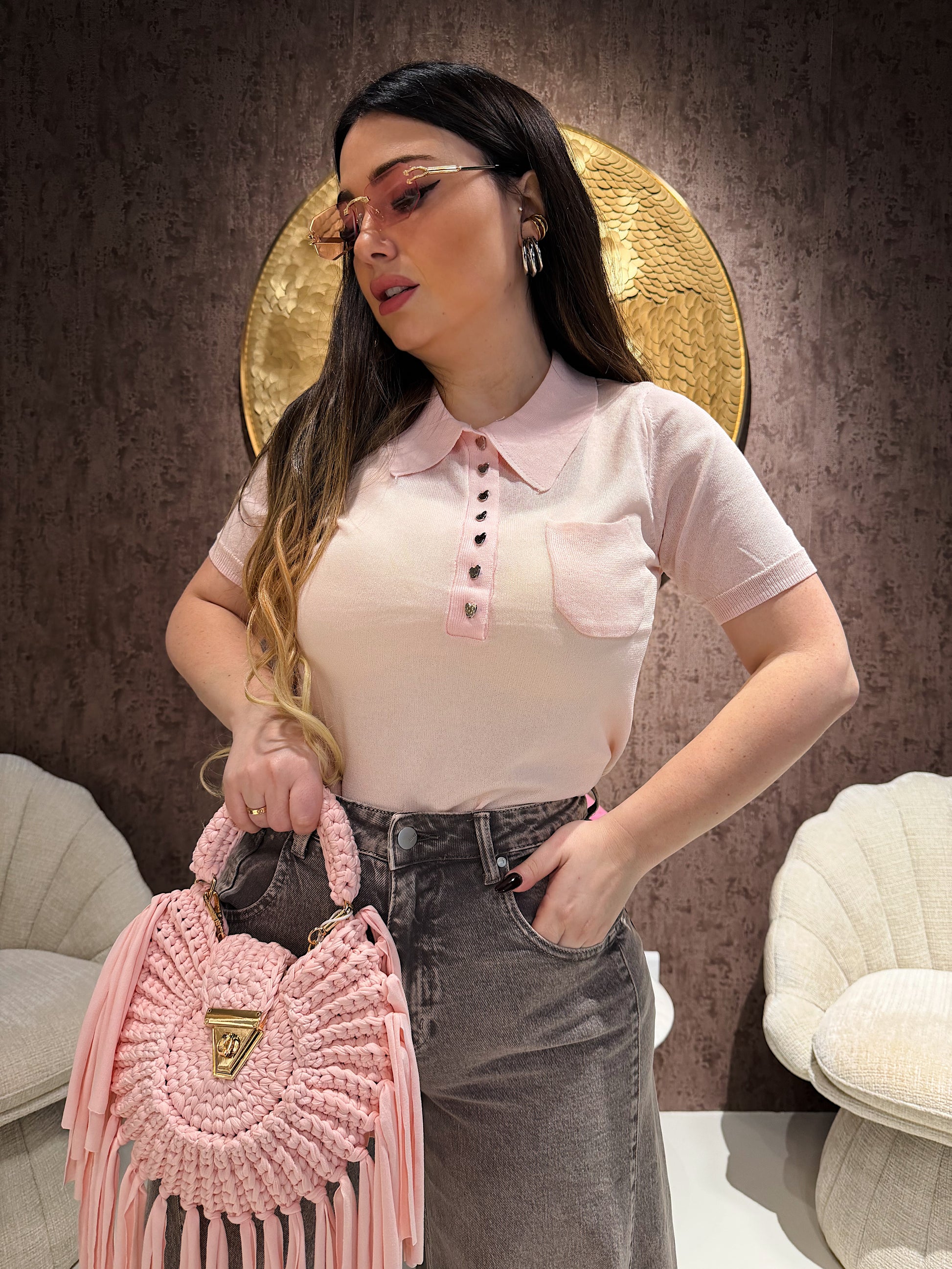 Polo in viscosa con bottoncini a cuore - R.a. Boutique