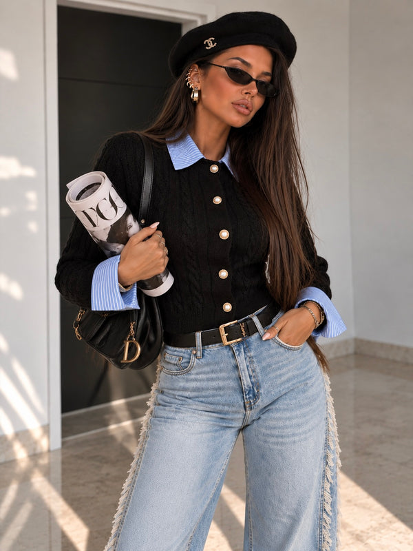 Maglioncino a Trecce nero con colletto e polsino a camicia