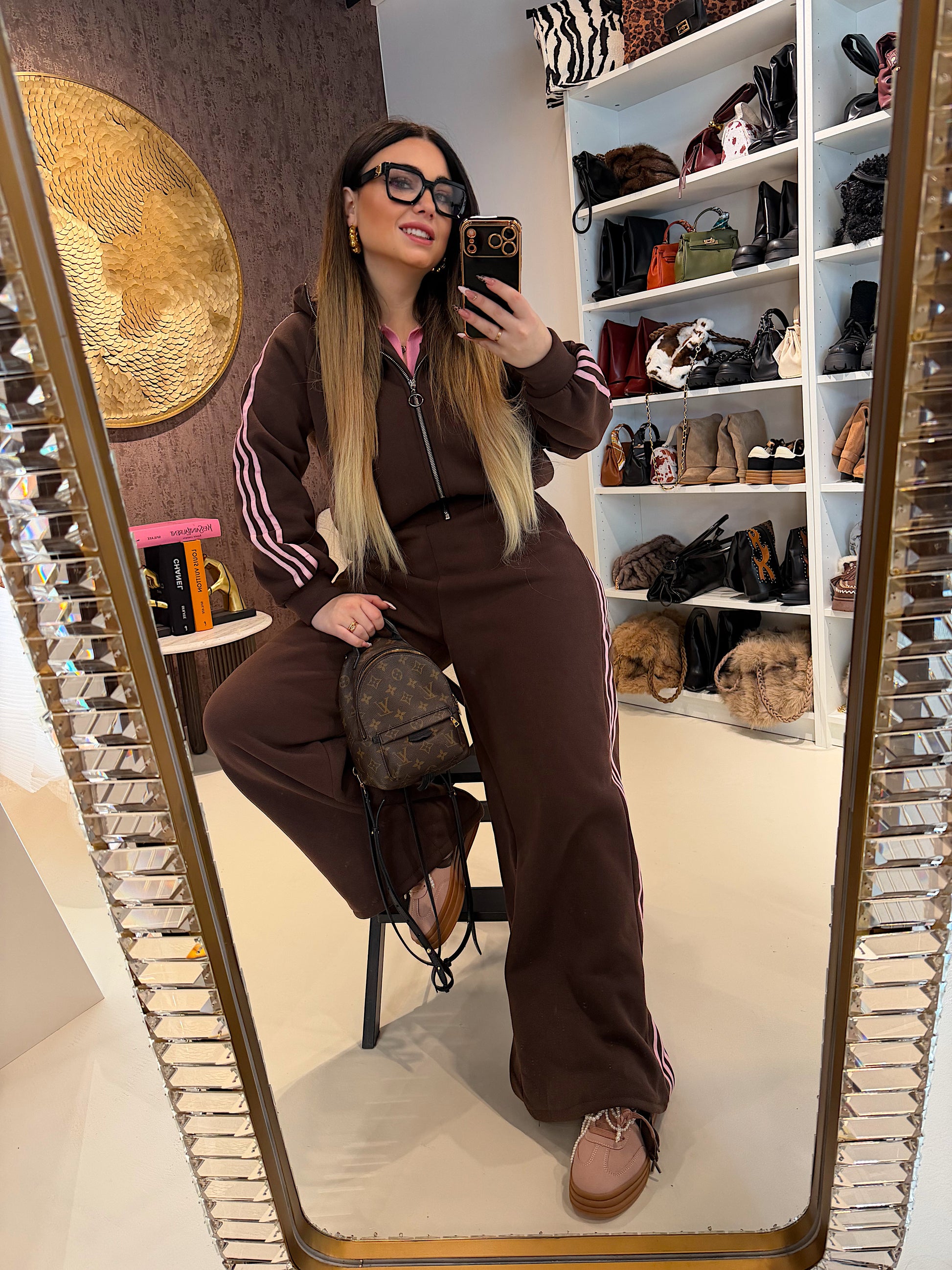 Completo tuta marrone righe rosa - R.a. Boutique