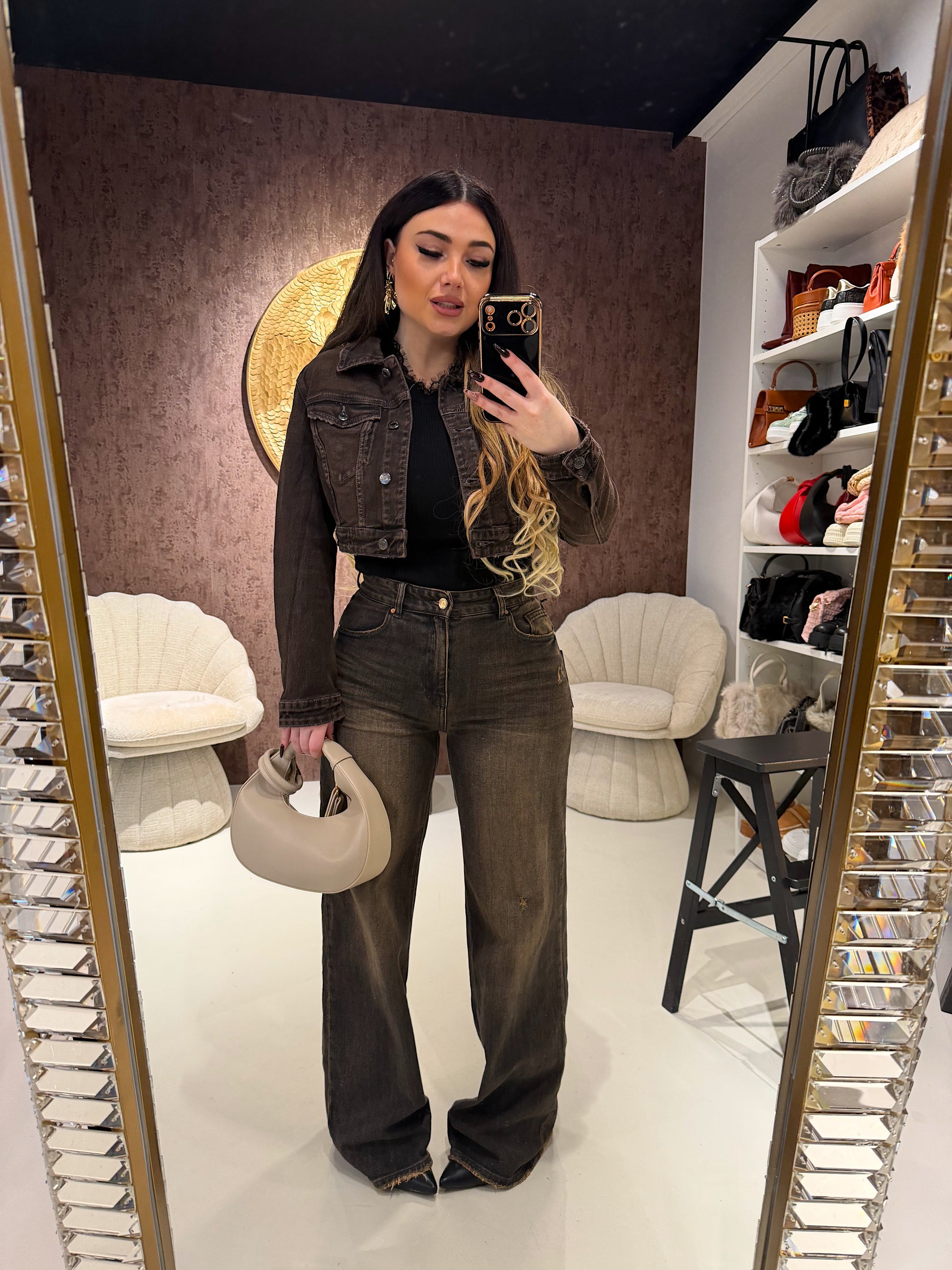 Completo Denim Dark Brown – Giacca Crop & Pantalone Flare - R.a. Boutique