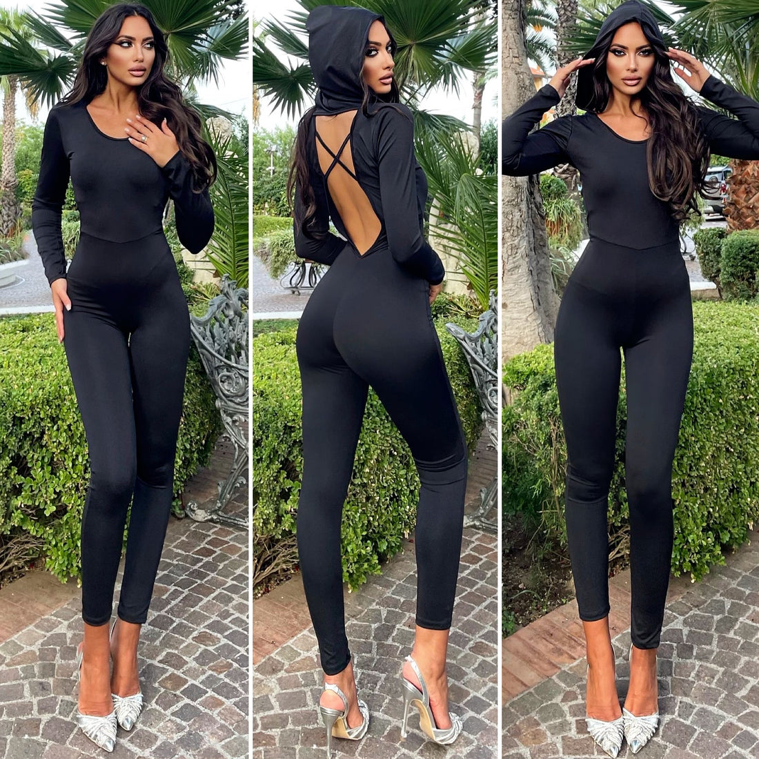 Tuta nera con cappuccio schiena incrociata - R.a. Boutique 