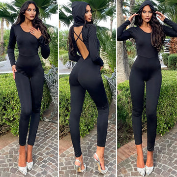 Tuta nera con cappuccio schiena incrociata - R.a. Boutique 