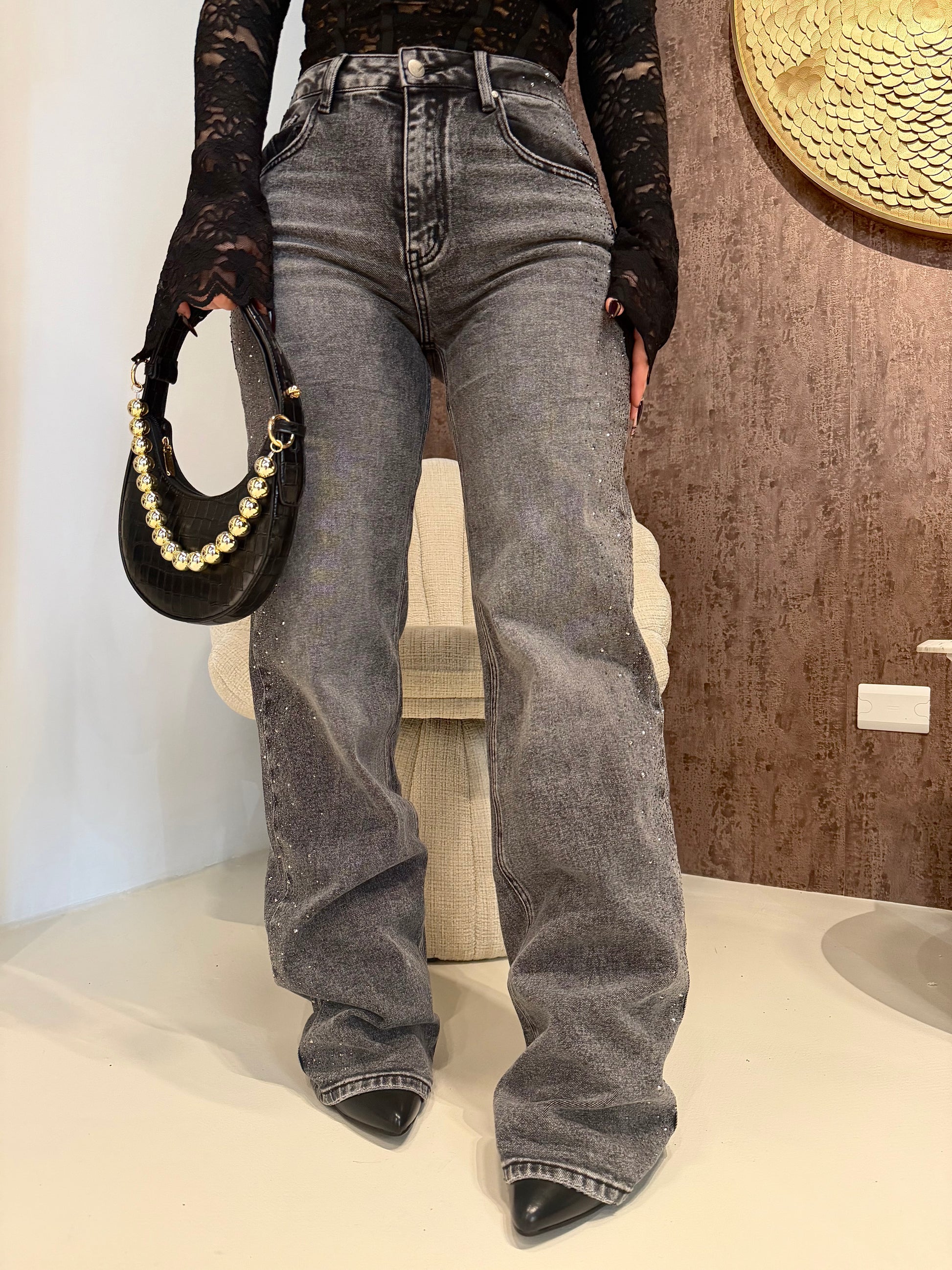 Jeans wide leg con brillantini - R.a. Boutique