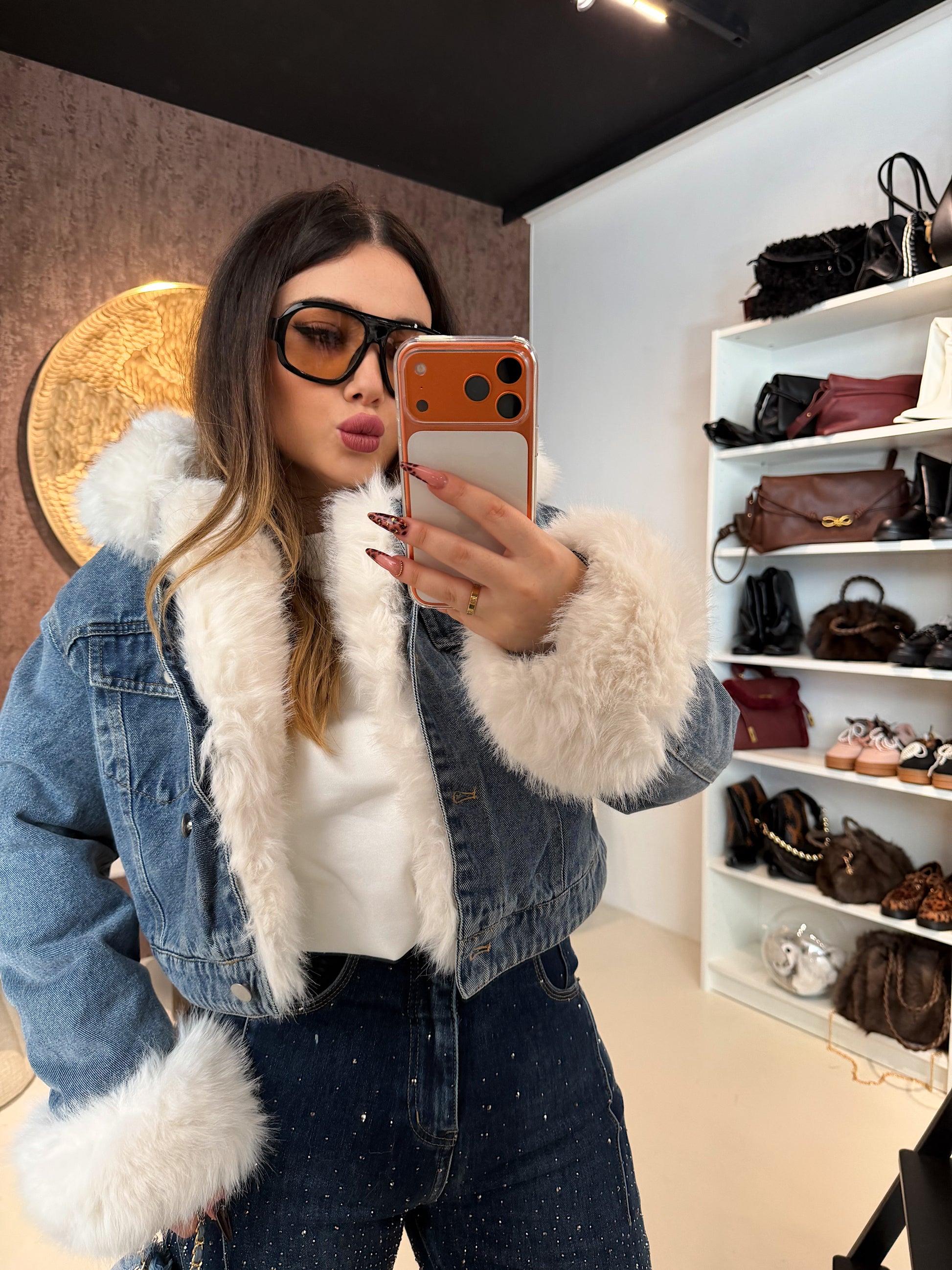 Giaccone di jeans pelo bianco - R.a. Boutique