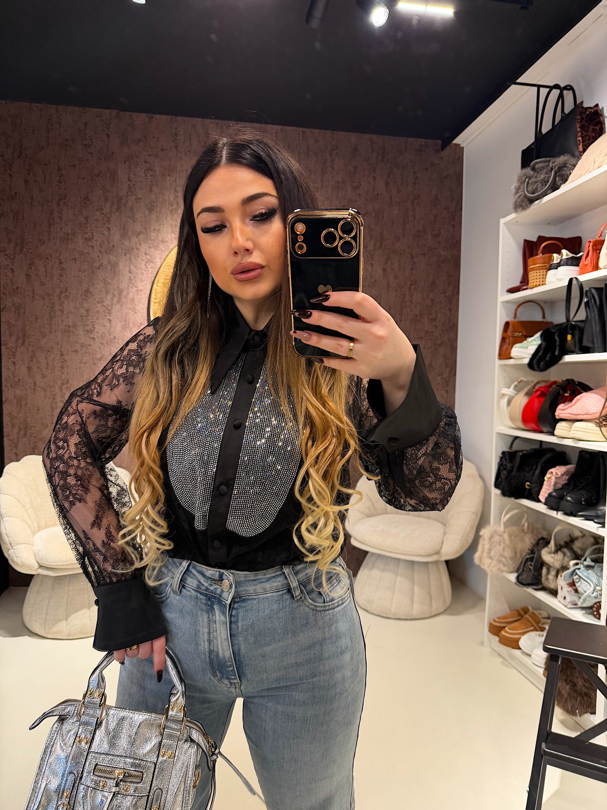 Camicia in Pizzo Nero con Inserto Gioiello - R.a. Boutique