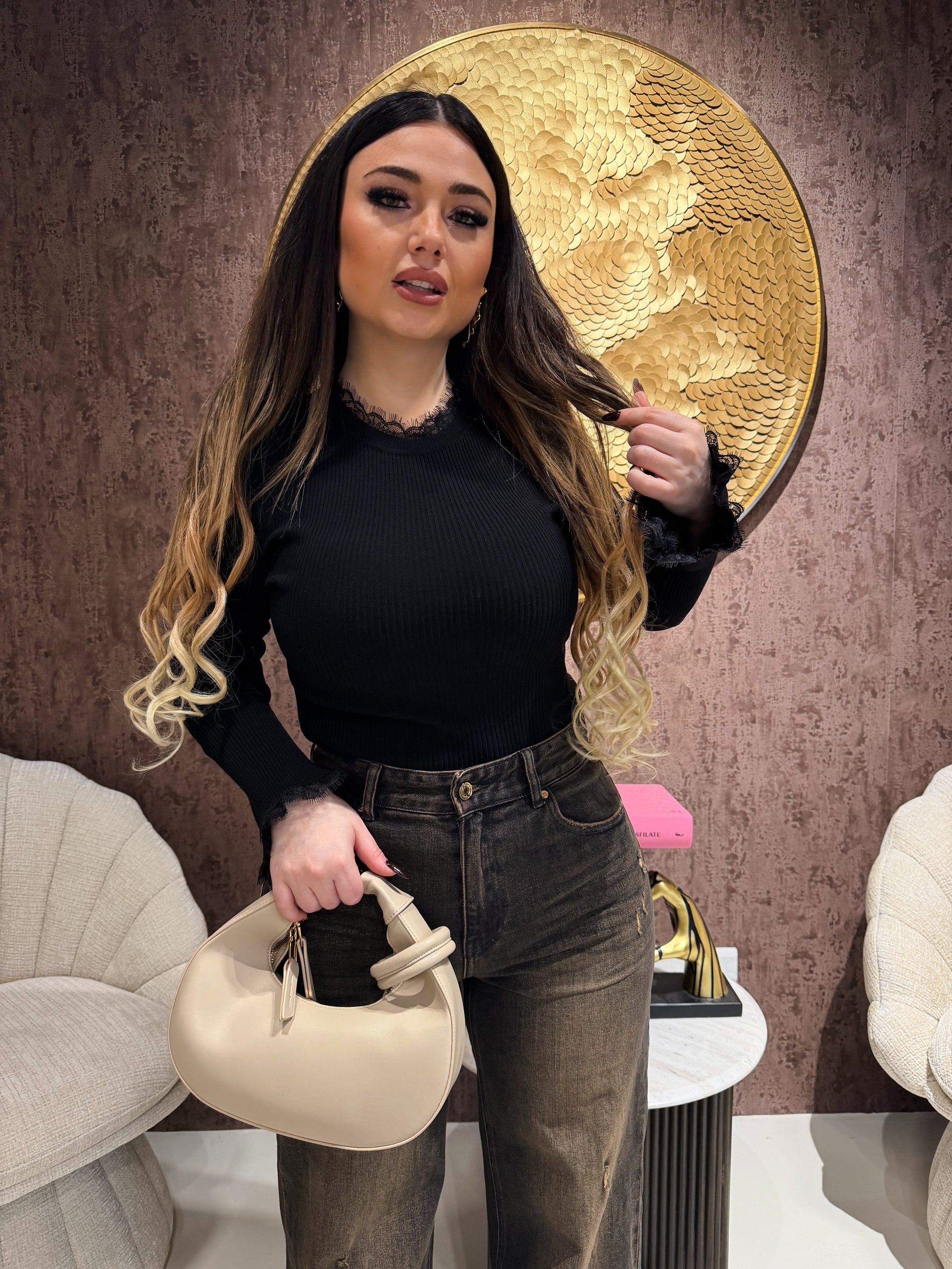 Maglia a Costine con Dettagli in Pizzo - R.a. Boutique