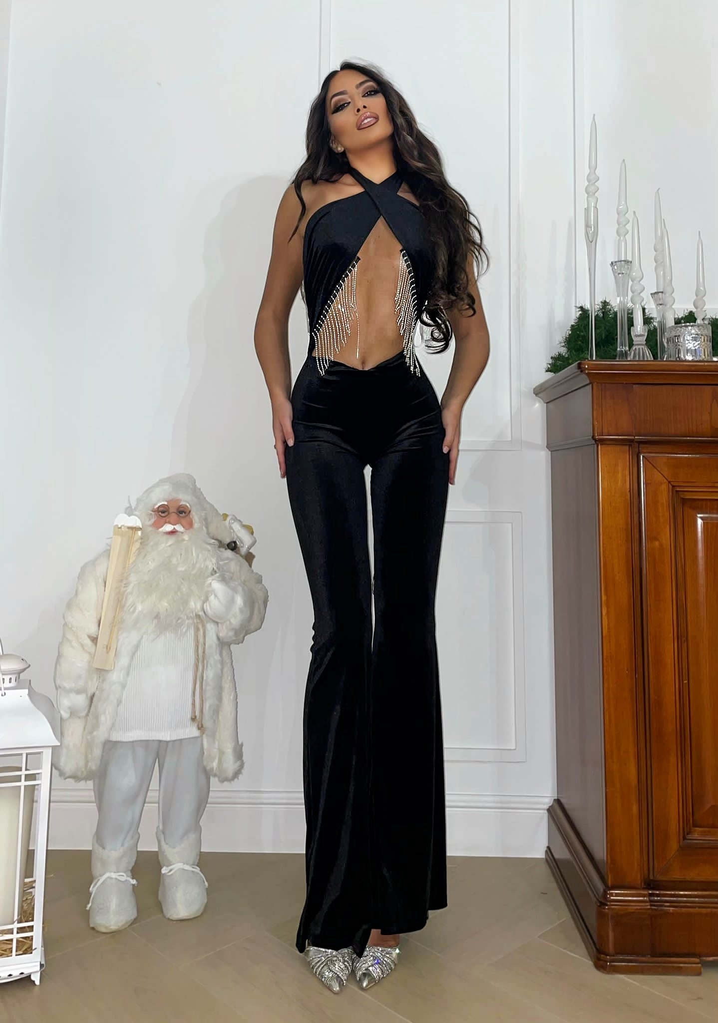 Tuta nero con incrocio e frange in strass - R.a. Boutique 