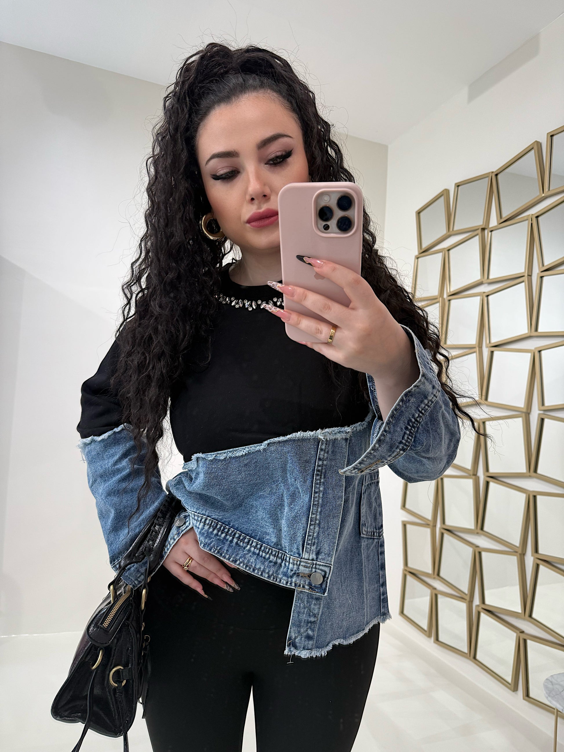 Felpa in jeans con strass - R.a. Boutique