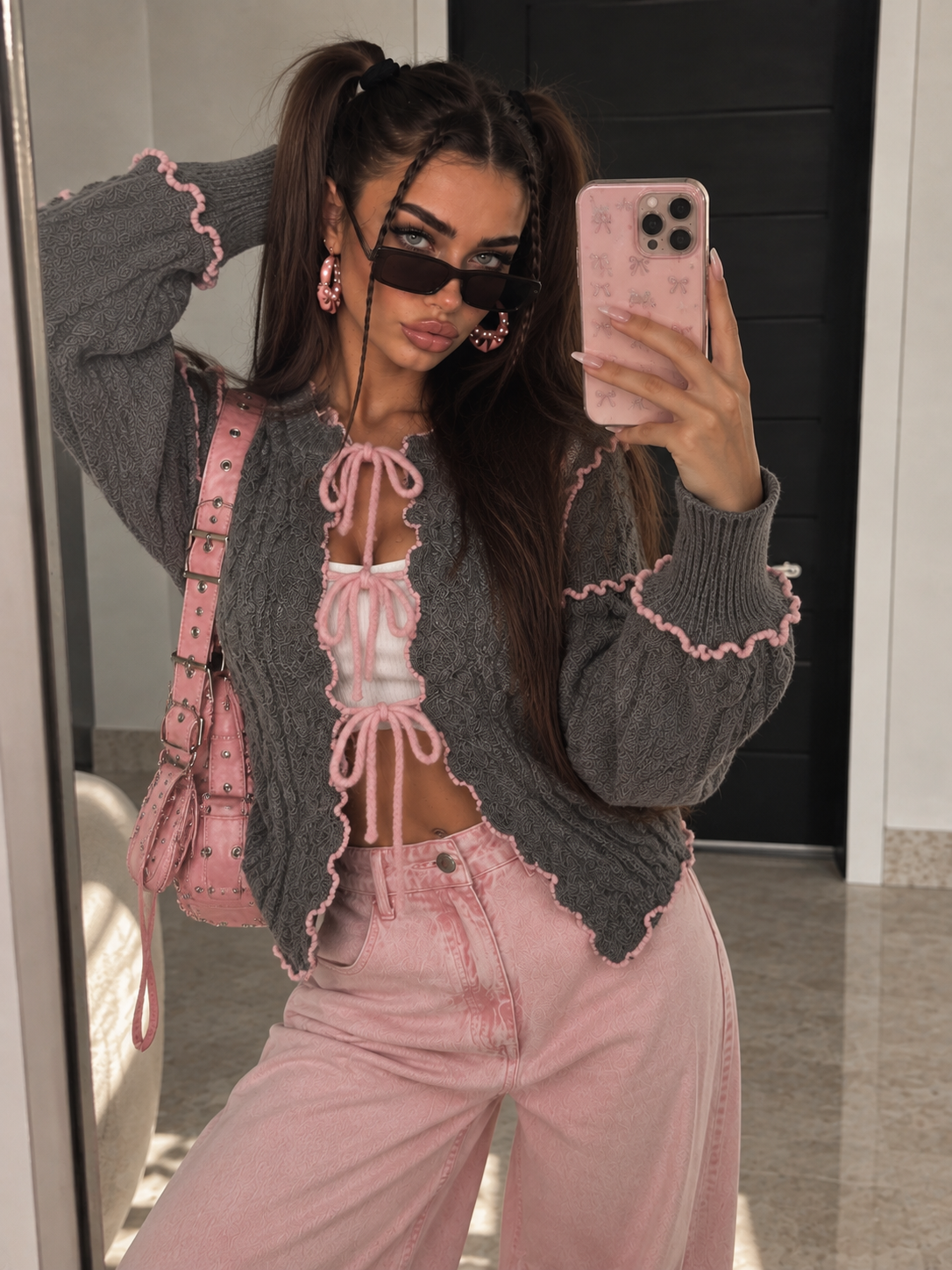 Cardigan a Trecce con Profili a Contrasto Grigio Rosa - R.a. Boutique