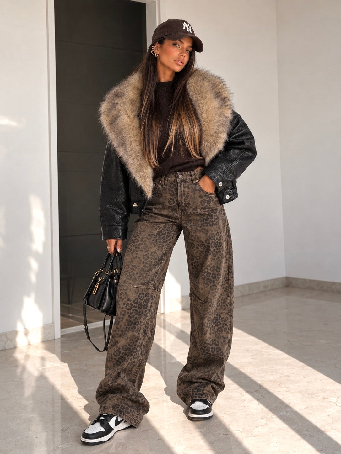 Jeans Leopardato Wide Leg Marrone - R.a. Boutique