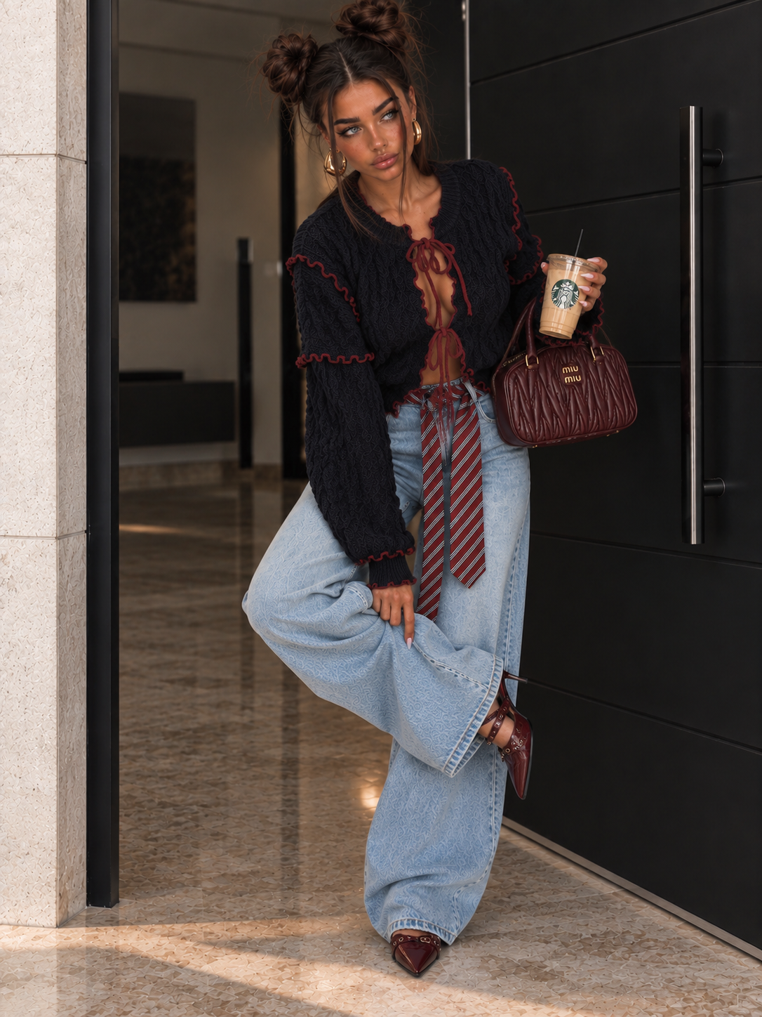 Cardigan a Trecce con Profili a Contrasto Blu Bordeaux - R.a. Boutique