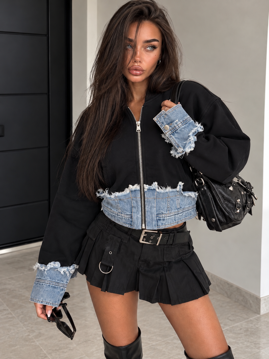 Giacca Felpa Denim Mix con Zip – Nero