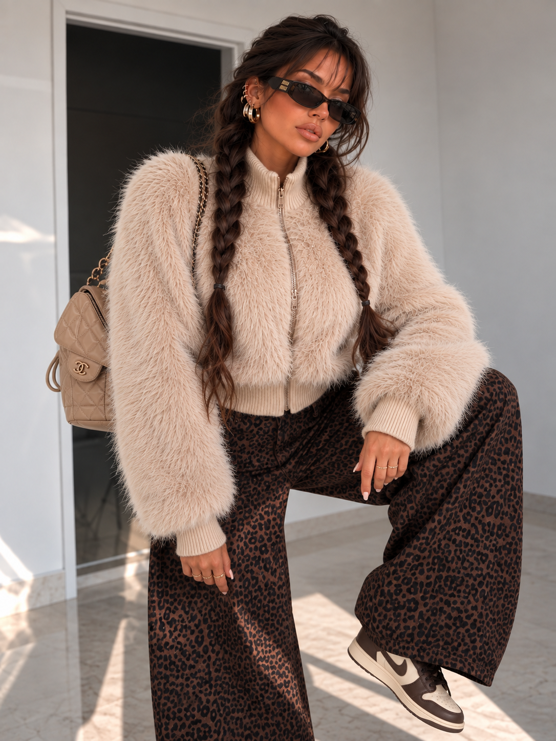 Giacca Eco Pelliccia con Zip Beige - R.a. Boutique