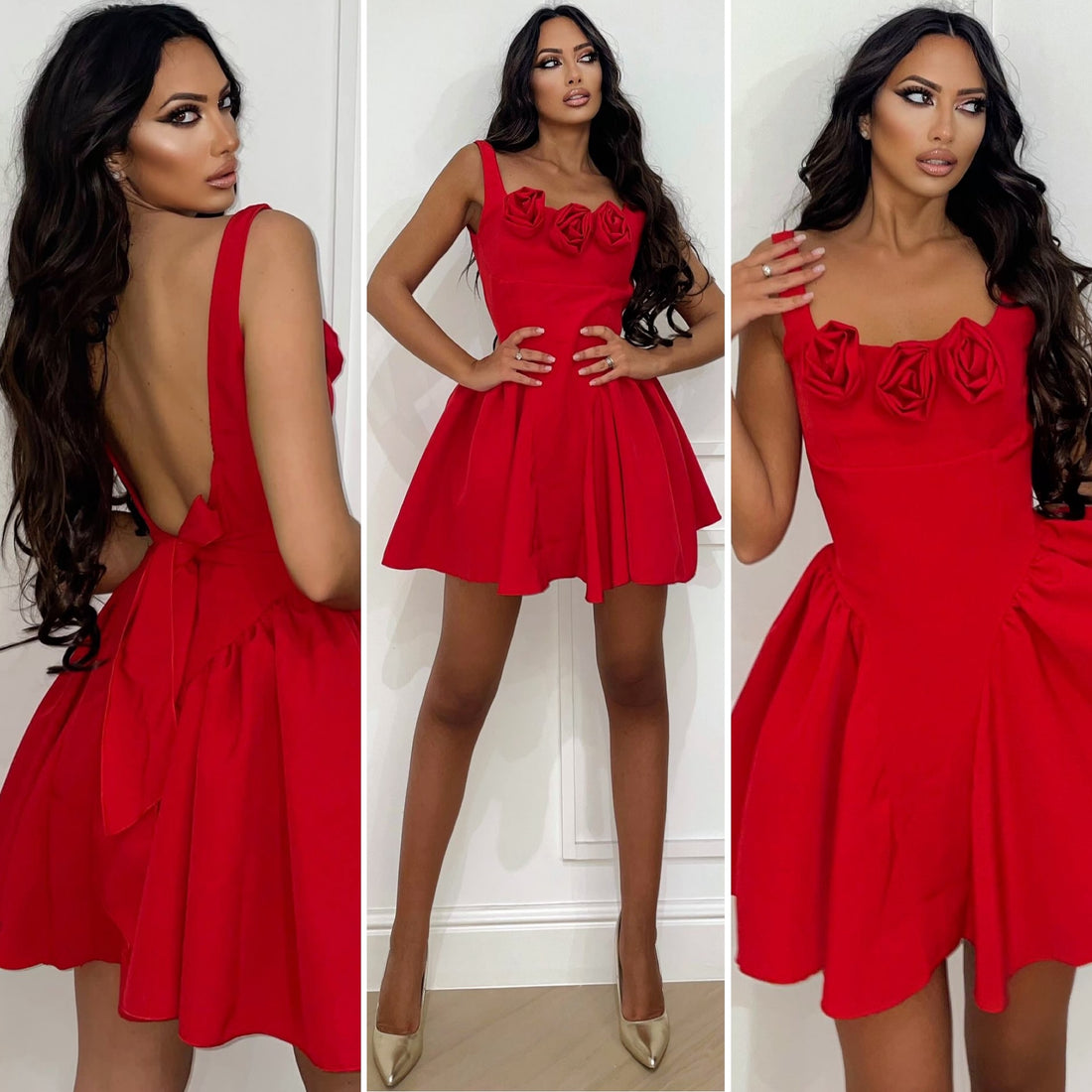 Abito schiena aperta con rose e fiocco rosso - R.a. Boutique 