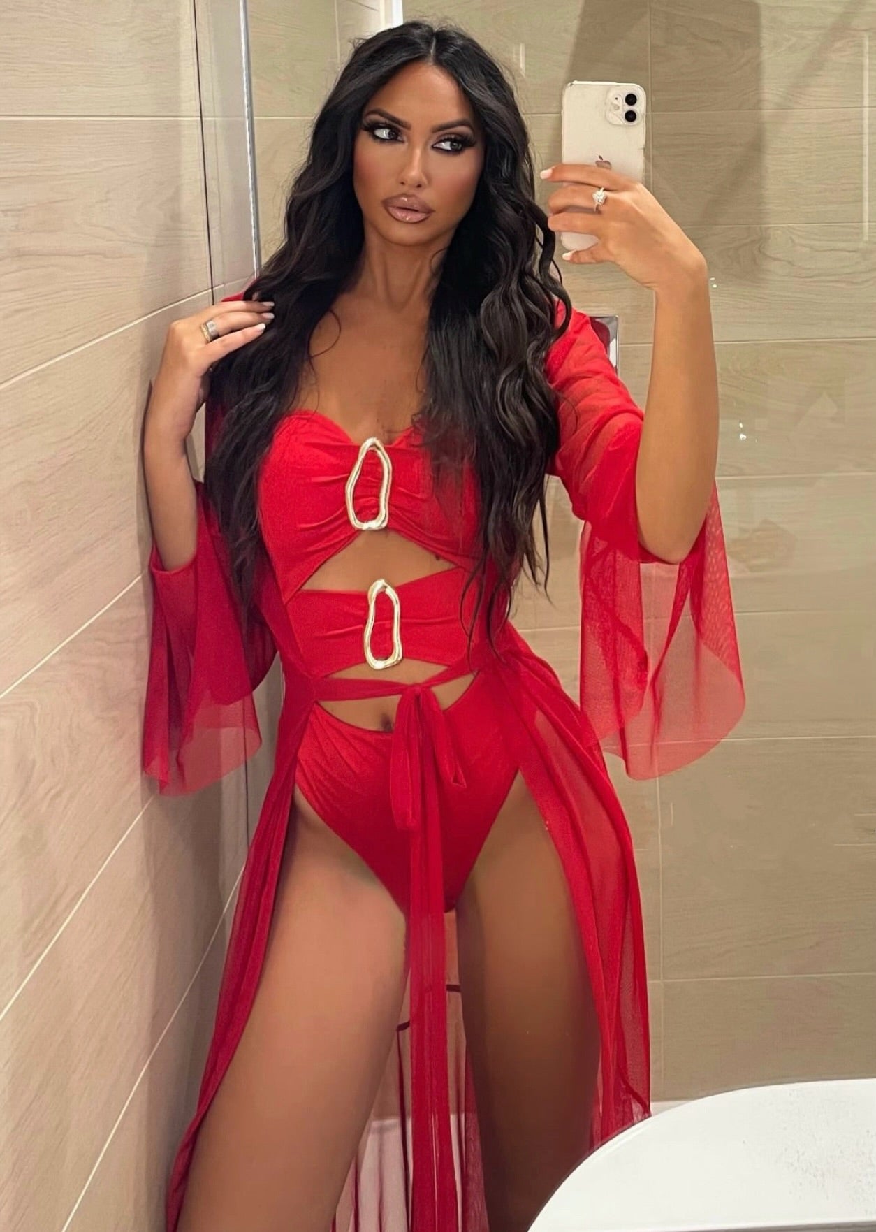 Costume intero con gioiello sul davanti rosso - R.a. Boutique