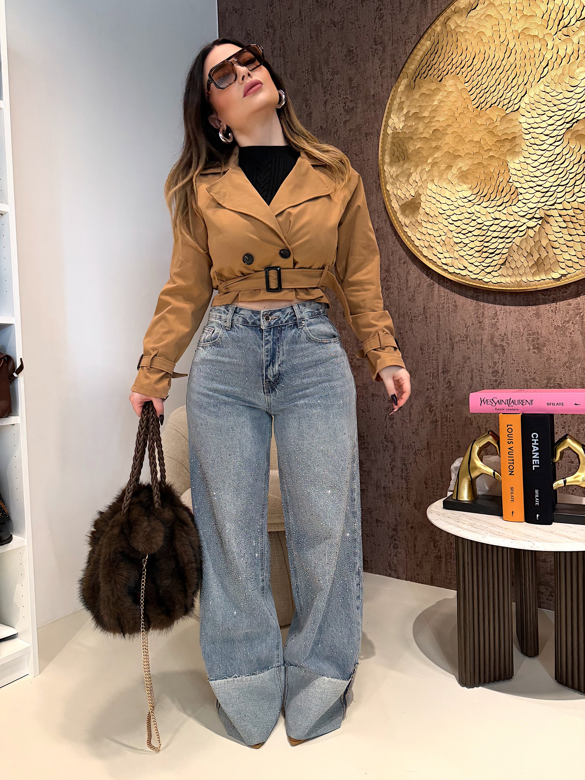 Jeans con risvolto e strass - R.a. Boutique