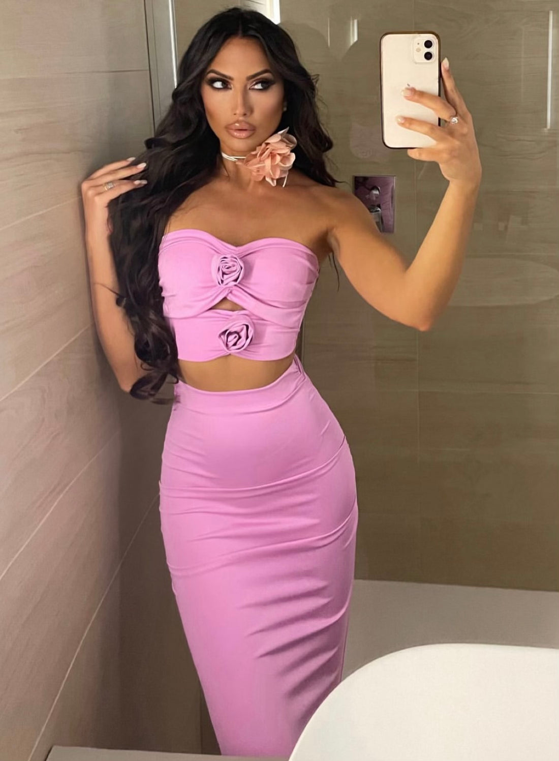 Completo top e gonna con rose rosa barbie - R.a. Boutique 