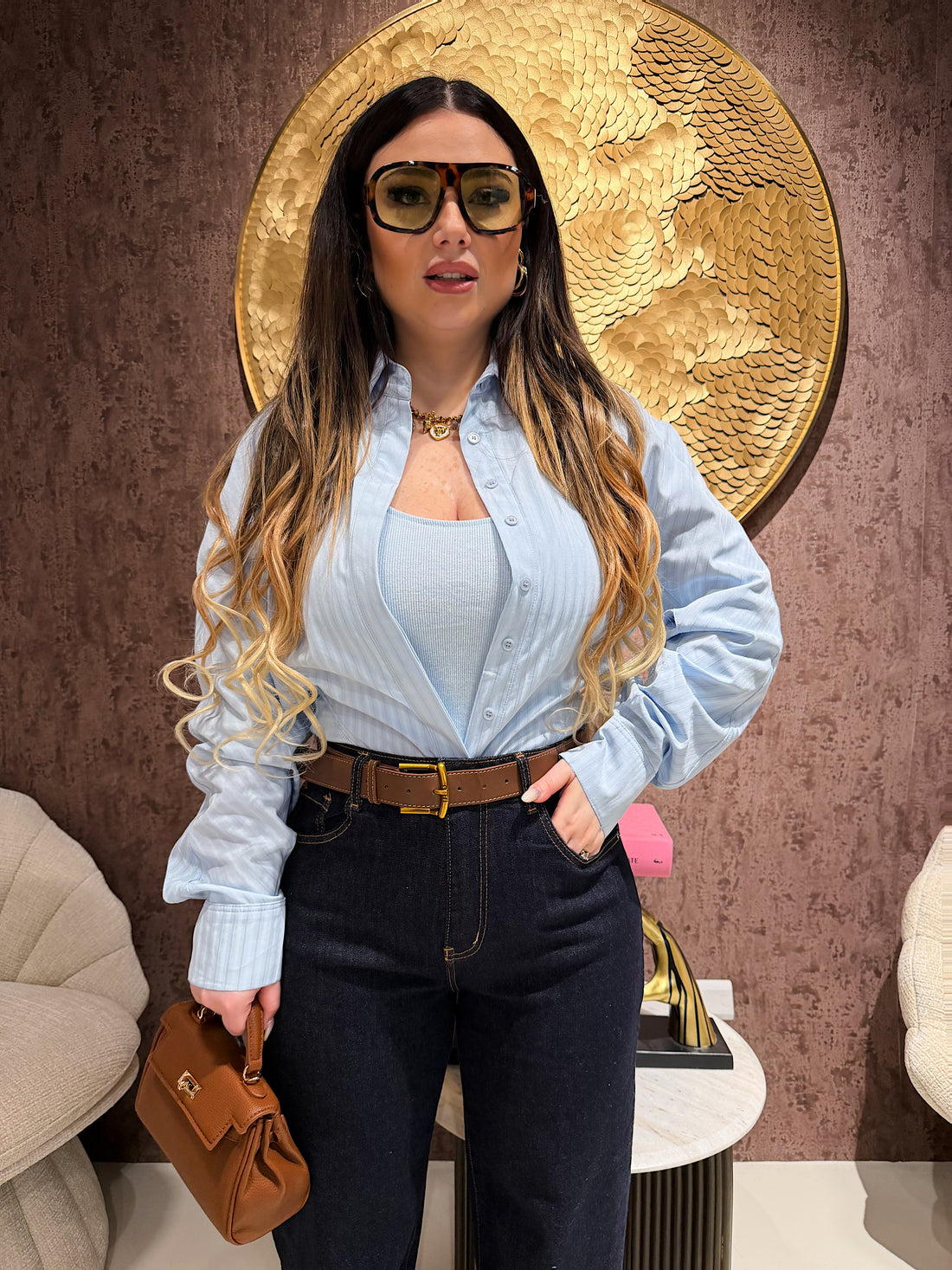 Camicia celeste con body integrato - R.a. Boutique