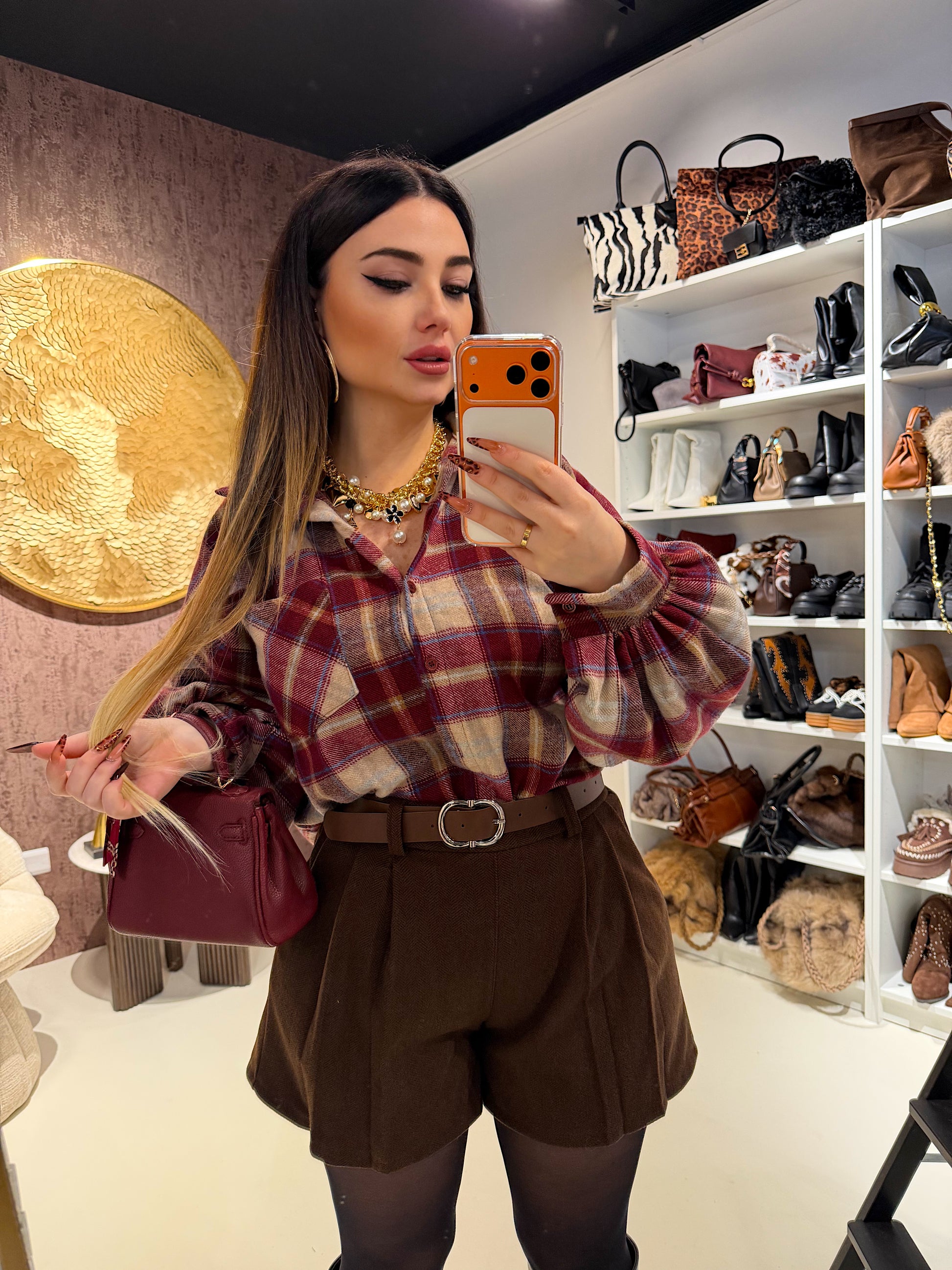 Camicia a quadri bordeaux beige - R.a. Boutique