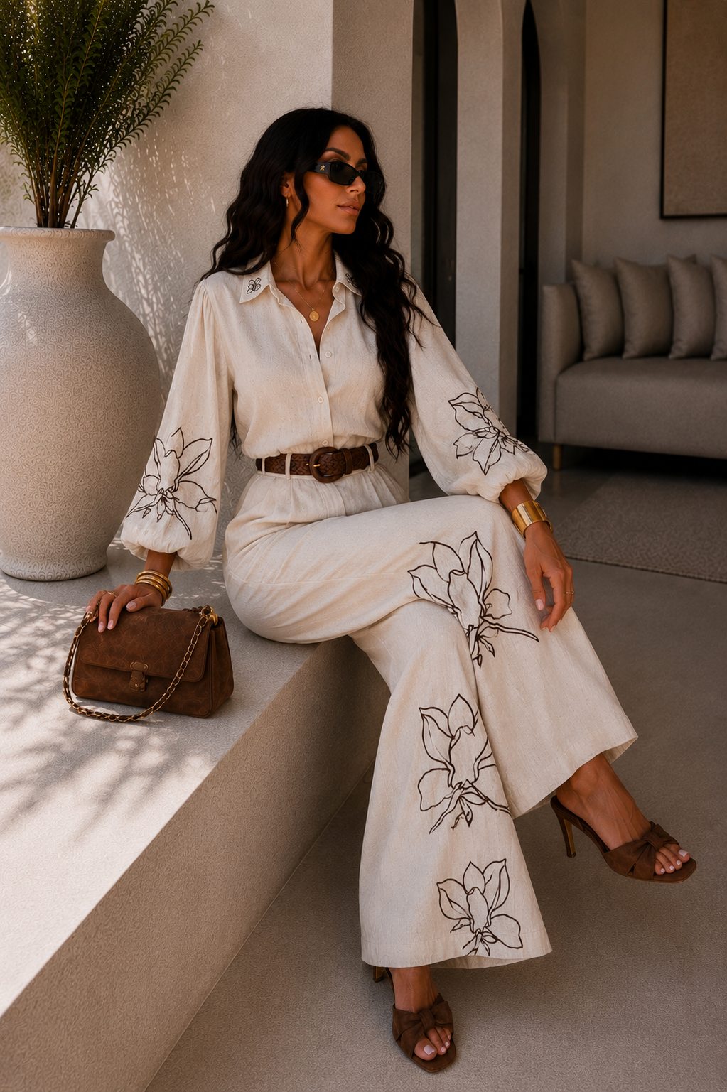 Completo lino viscosa con ricami a fiori - R.a. Boutique