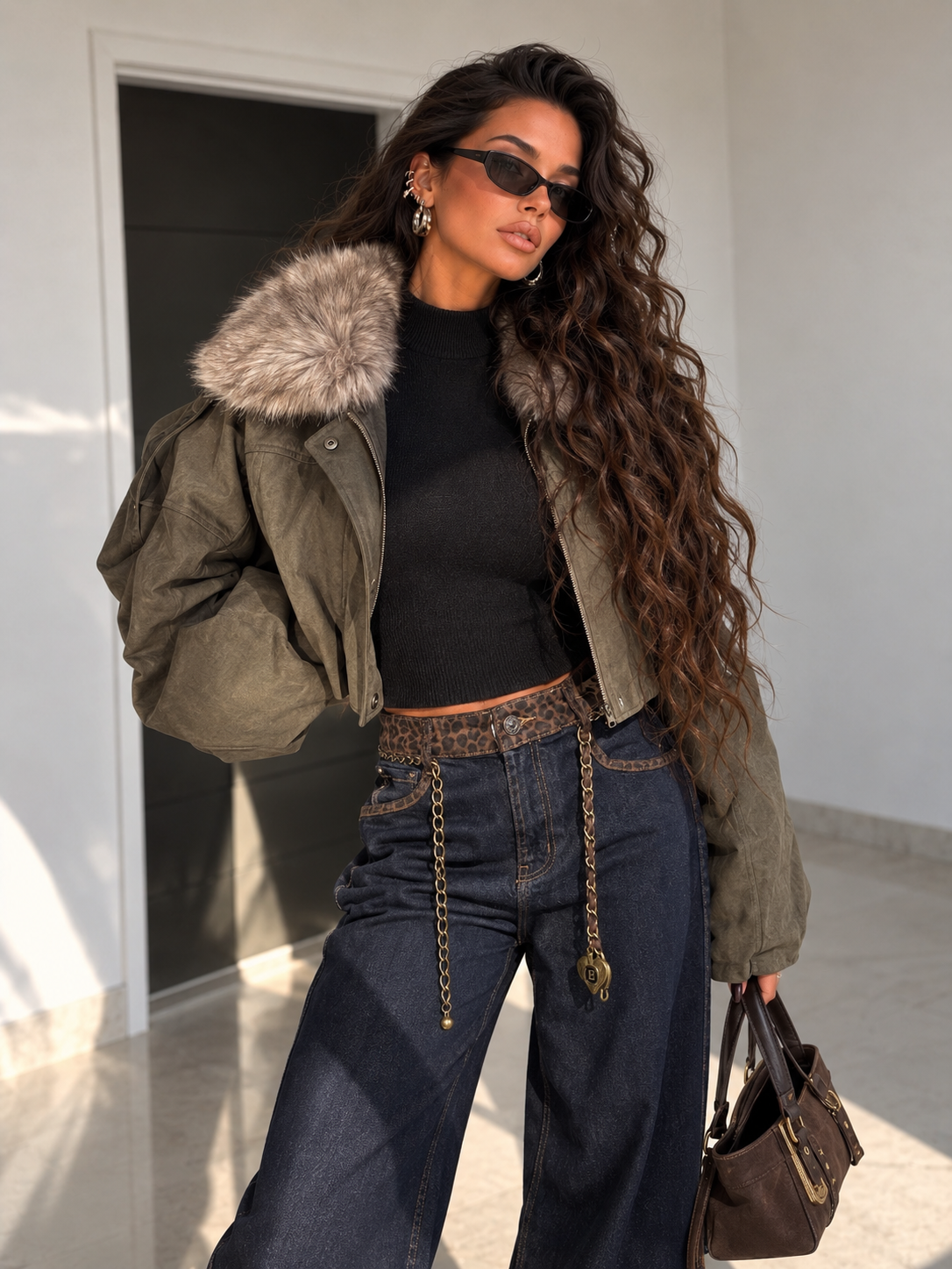 Bomber Verde Oliva Foderato con Collo in Pelliccia Removibile - R.a. Boutique