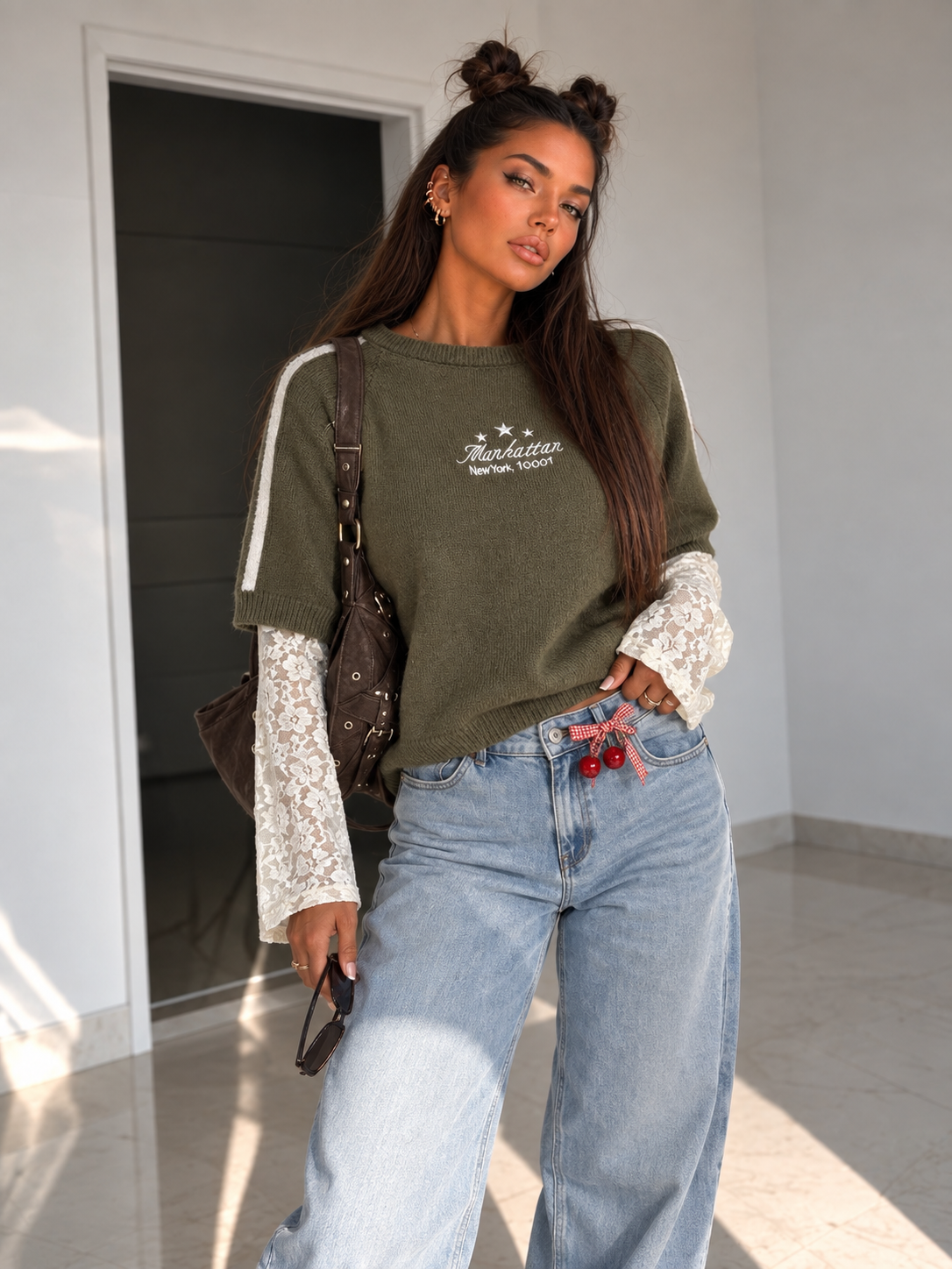 Jeans Wide Leg Cherry Detail - R.a. Boutique