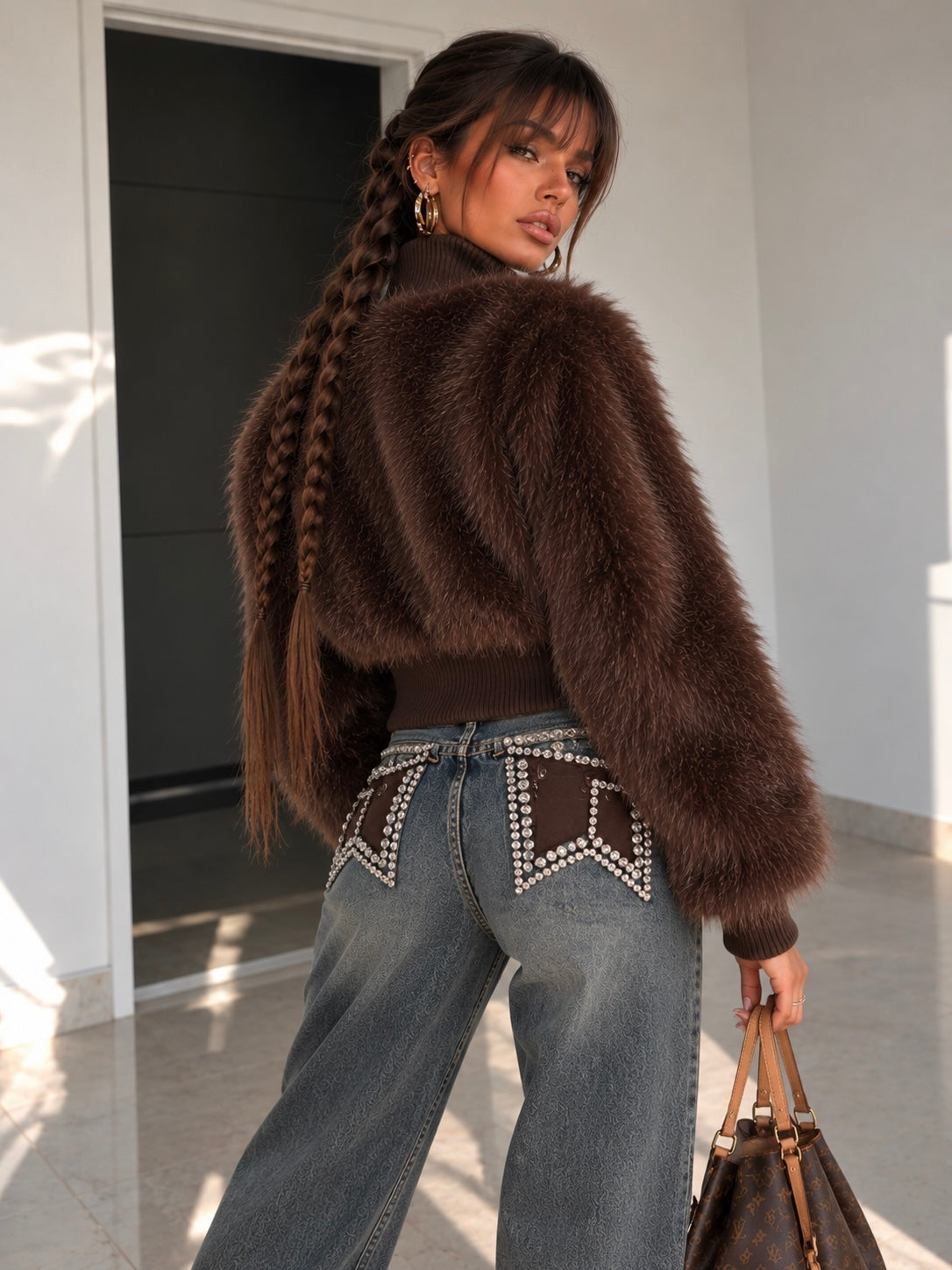 Giacca Eco Pelliccia con Zip Marrone - R.a. Boutique