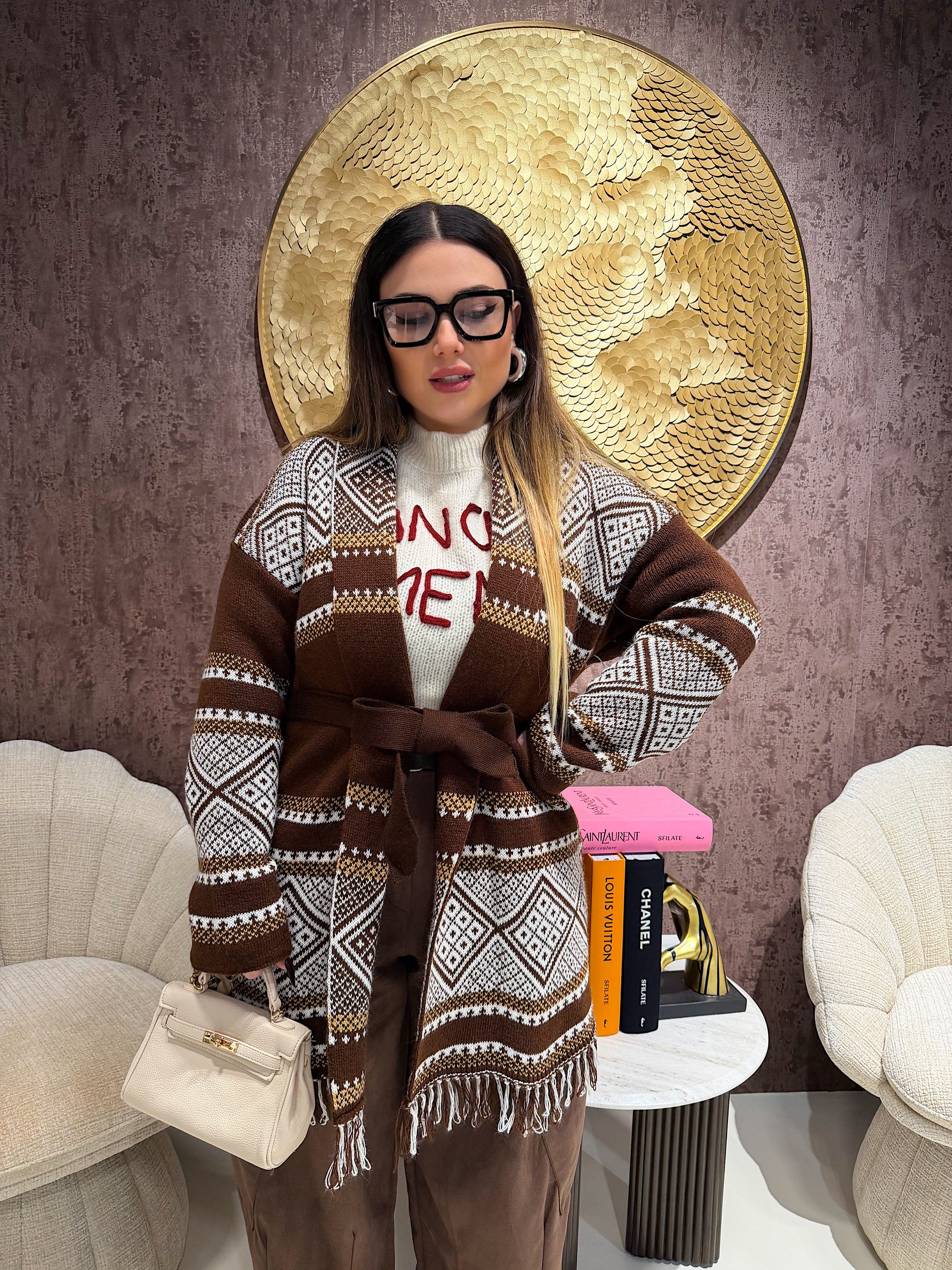 Cardigan Sierra jacquard cioccolato - R.a. Boutique